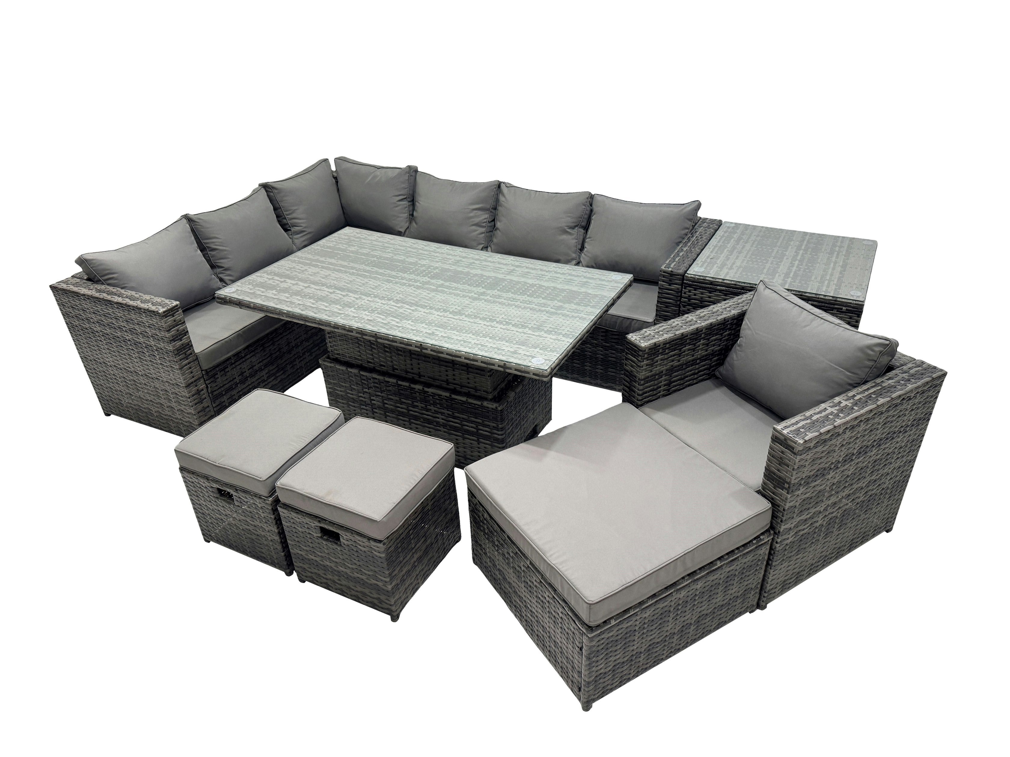 Rackhams Dark/Grey 10 Seater Height Adjustable Rising Lifting Table Corner Sofa Set Rattan Garden Furniture Dining Set With 3 Stool Side Table Mixed
