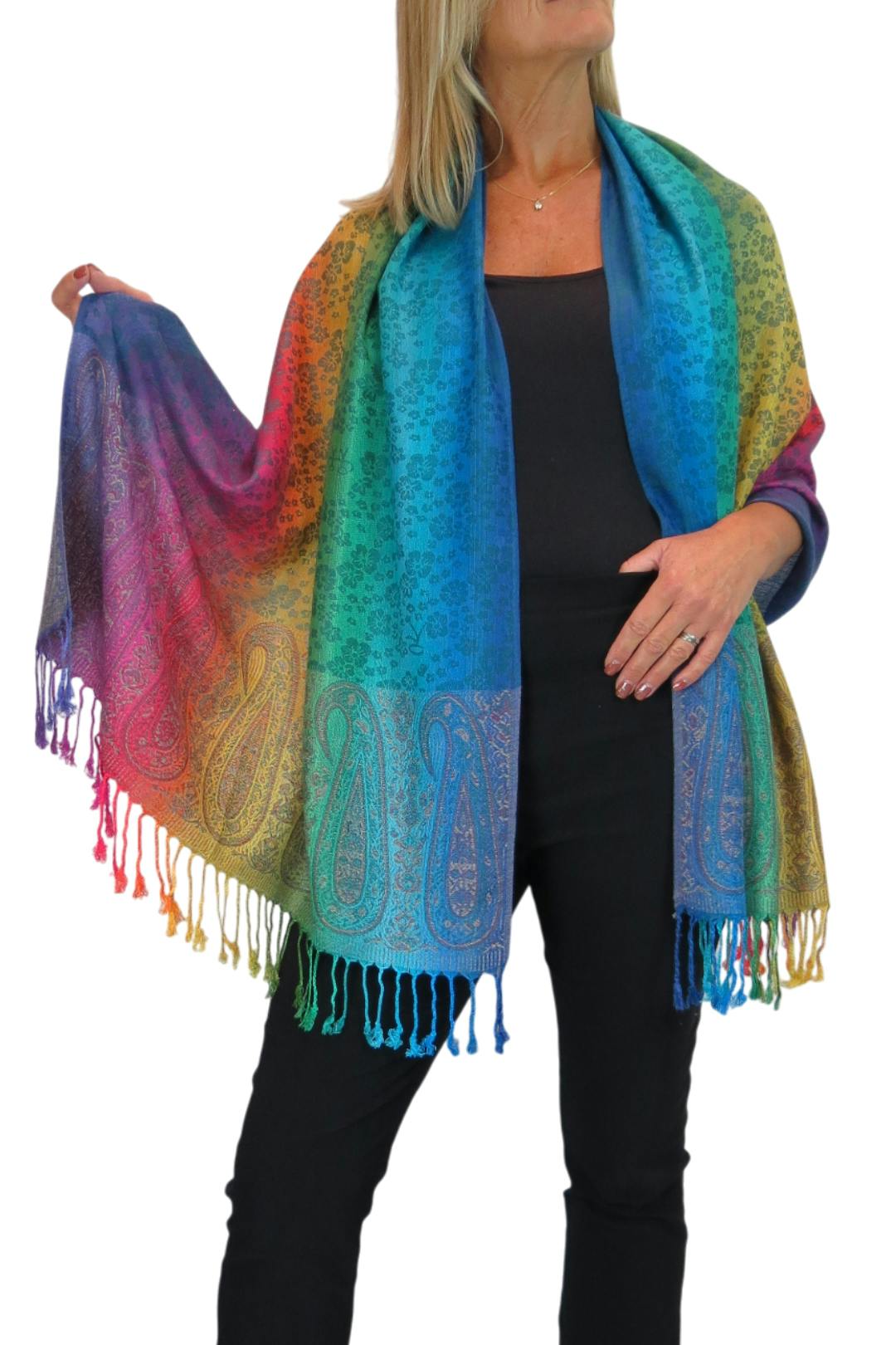 Paulo Due Blue Rainbow Floral Paisley Pashmina Shawl Scarf