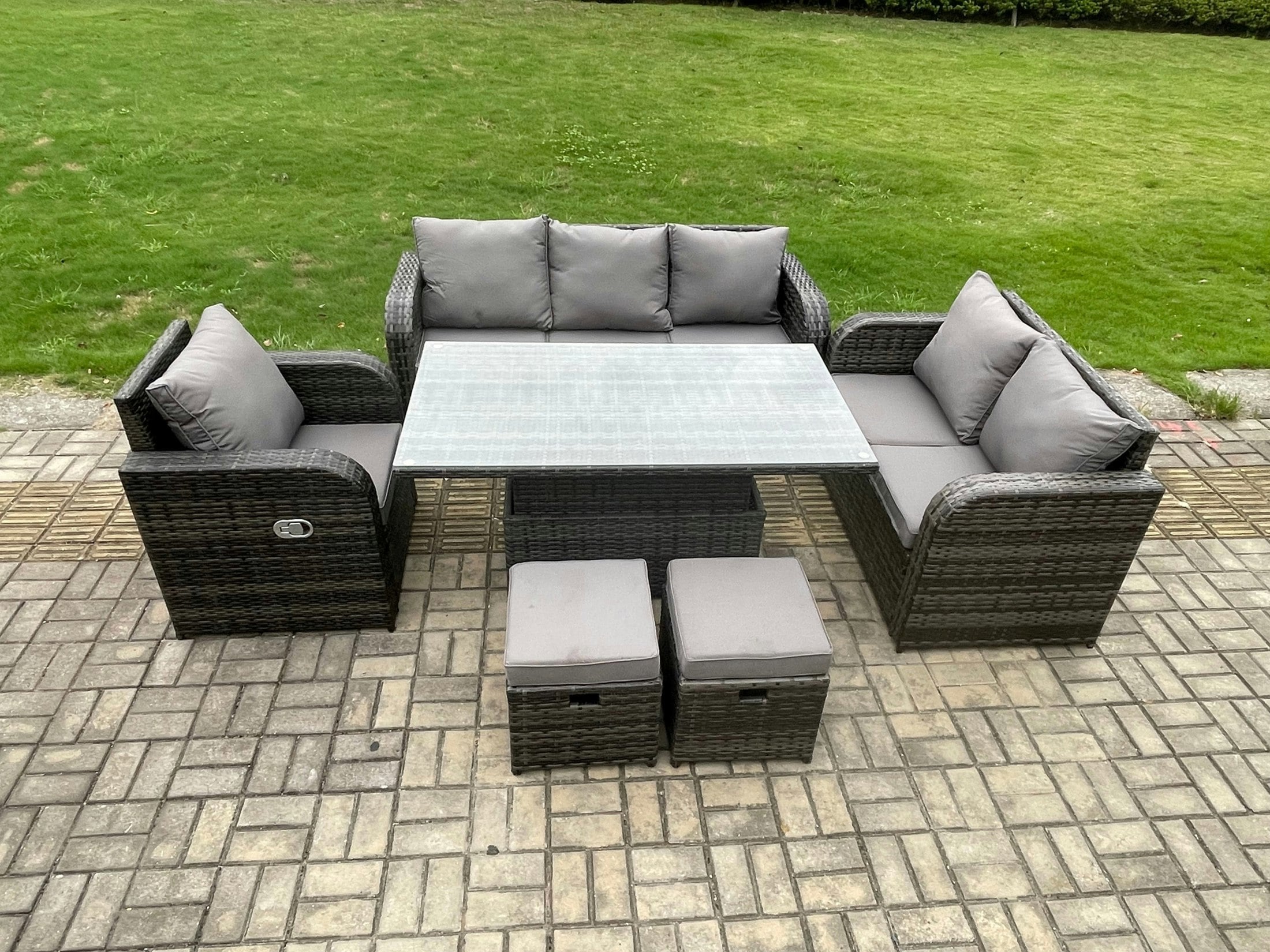 Fimous Dark/Grey Outdoor Rattan Garden Dining Set - Mixed Patio Height Adjustable Rising Lifting Table With Reclining Chair & Sofa