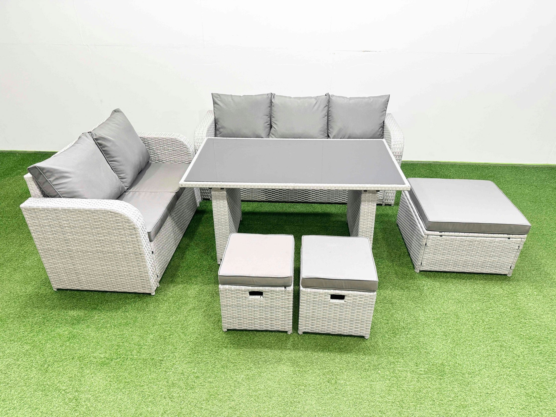 Fimous Light/Grey Garden Furniture Set Pe Ratten Garden Sofa Set With Rectangular Dining Table 3 Stool
