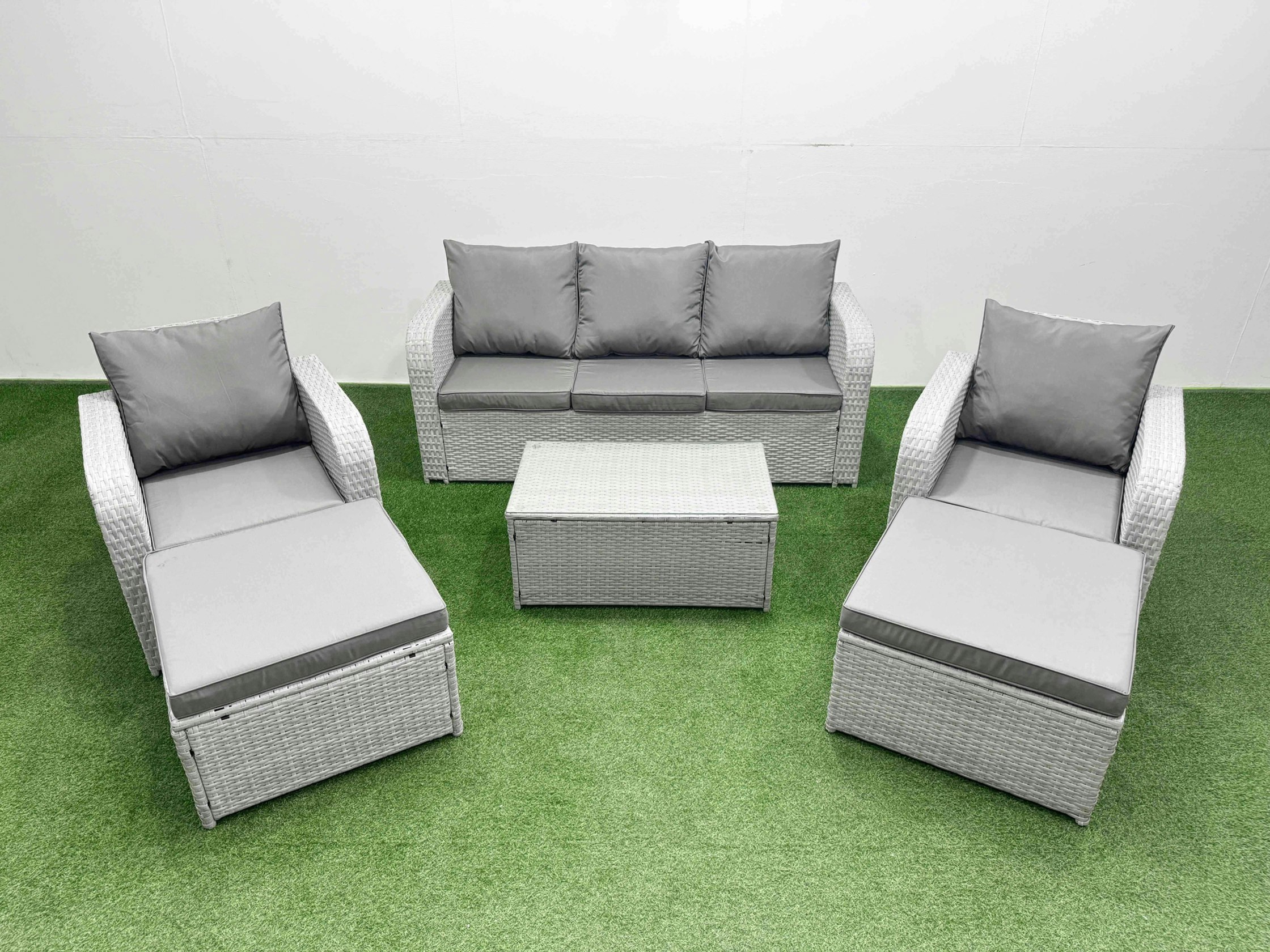Fimous Light/Grey Pe Rattan Garden Furniture Set Reclining Chair Sofa Lounge Sofa Set Oblong Coffee Table 2 Big Footstool