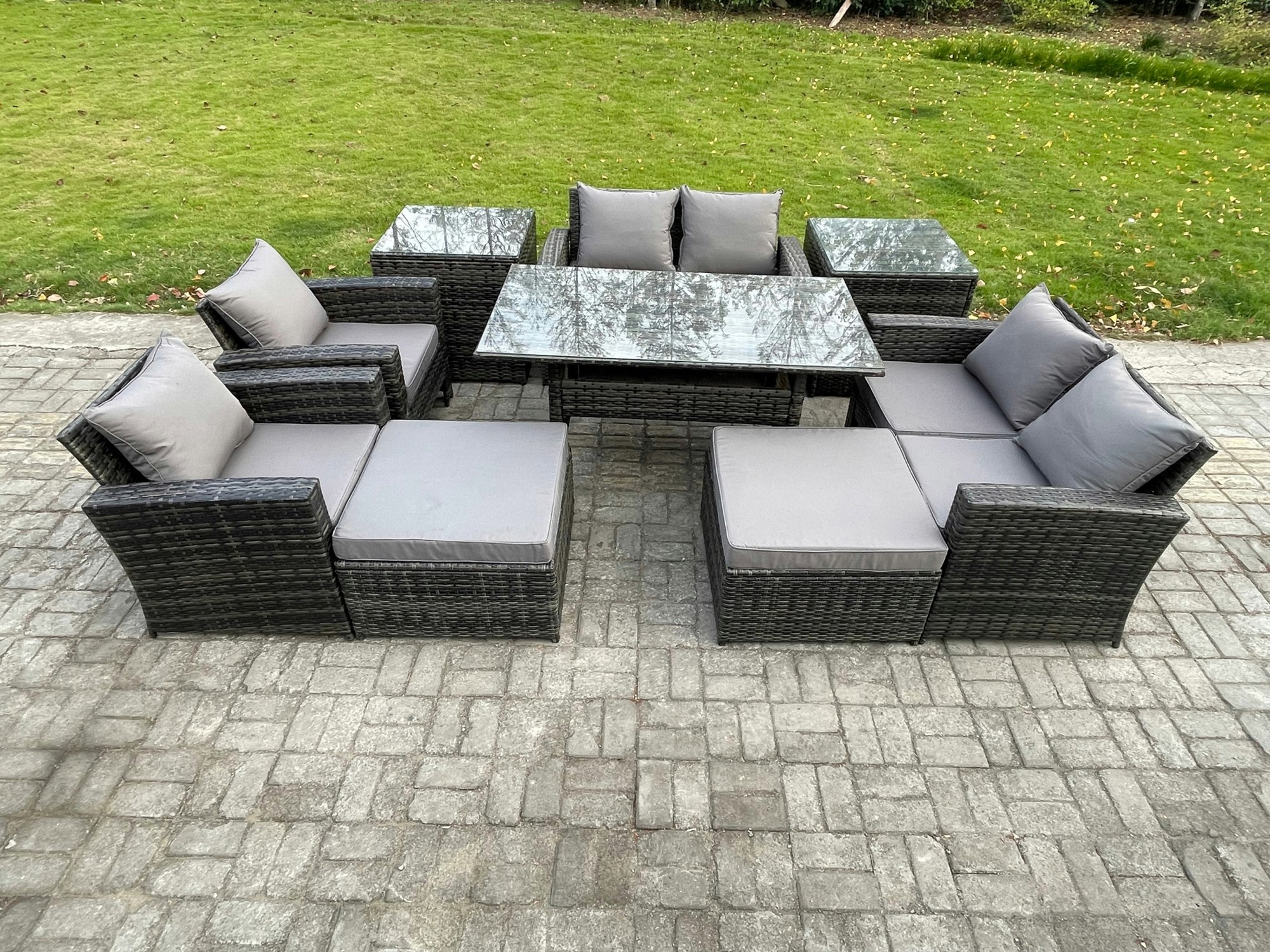 Rackhams Dark/Grey Garden Furniture Sets 9 Pieces Rattan Furniture Handmade Wicker Patio Sofa Set With 2 Big Footstool 2 Side Tables Mixed