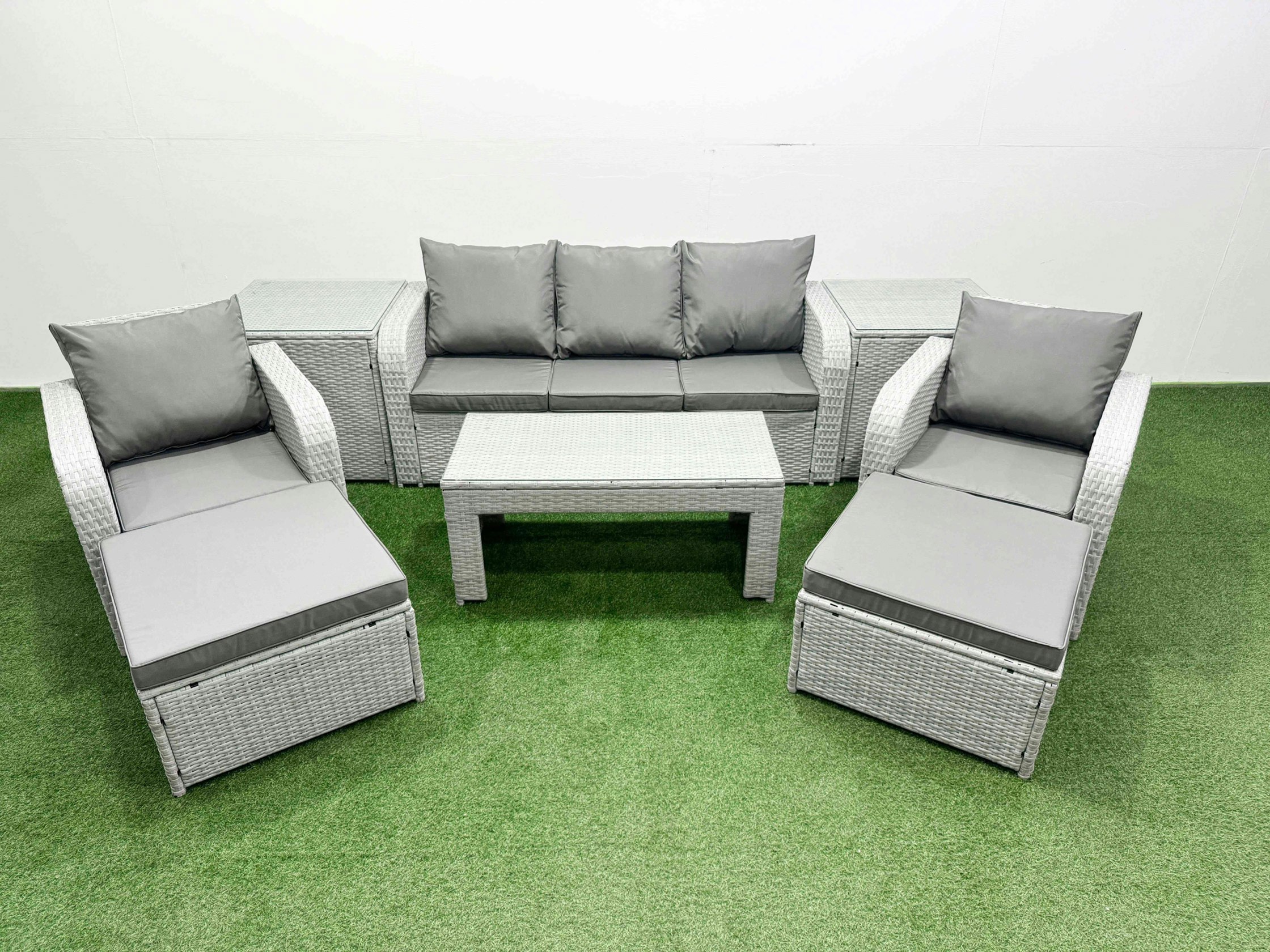 Rackhams Light/Grey Pe Rattan Garden Furniture Set Reclining Chair Sofa Lounge Sofa Set Rectangular Coffee Table 2 Side Table 2 Big Footstool