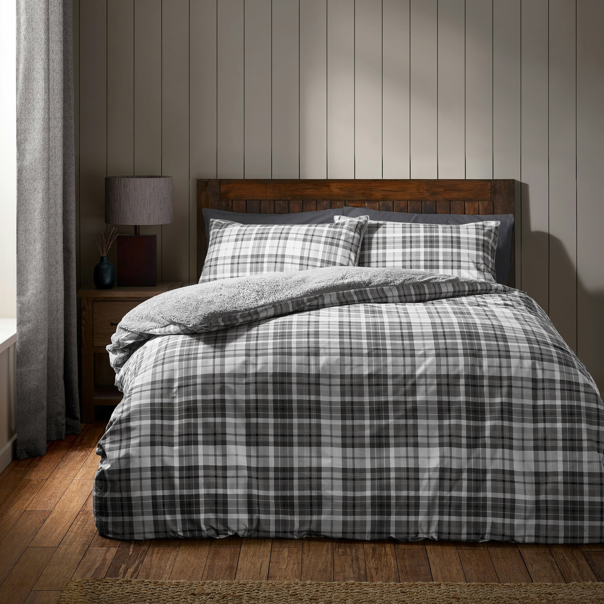 Rackhams Grey Cosy Sherpa Check Duvet Cover Set - Double
