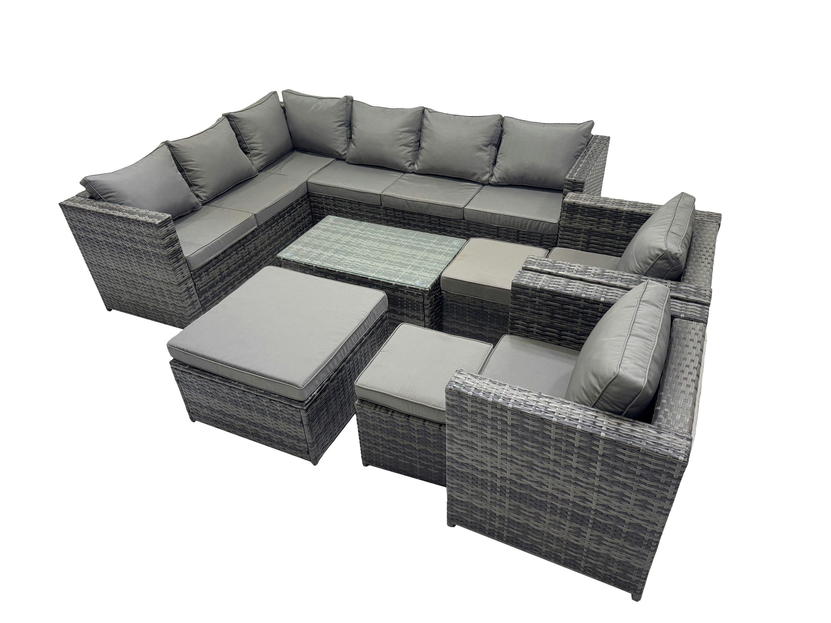 Rackhams Dark/Grey Outdoor Rattan Rectangular Coffee Table Corner Sofa Sets Garden Furniture Set With 2 Chairs 3 Stools Mixed