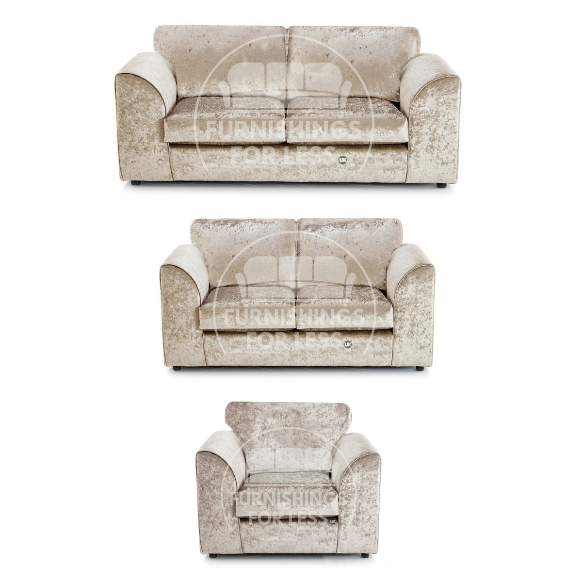Rackhams Light/Black Crystal Crushed Velvet 3 Piece Sofa Suite Full Back - Mink