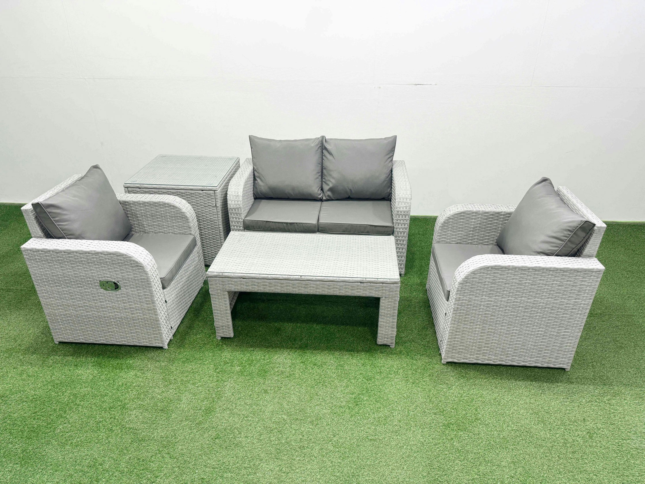 Rackhams Light/Grey Pe Wicker Rattan Garden Furniture Set Sofa Set Reclining Adjustable Chair Oblong Coffee Table 4 Seater With Side Table