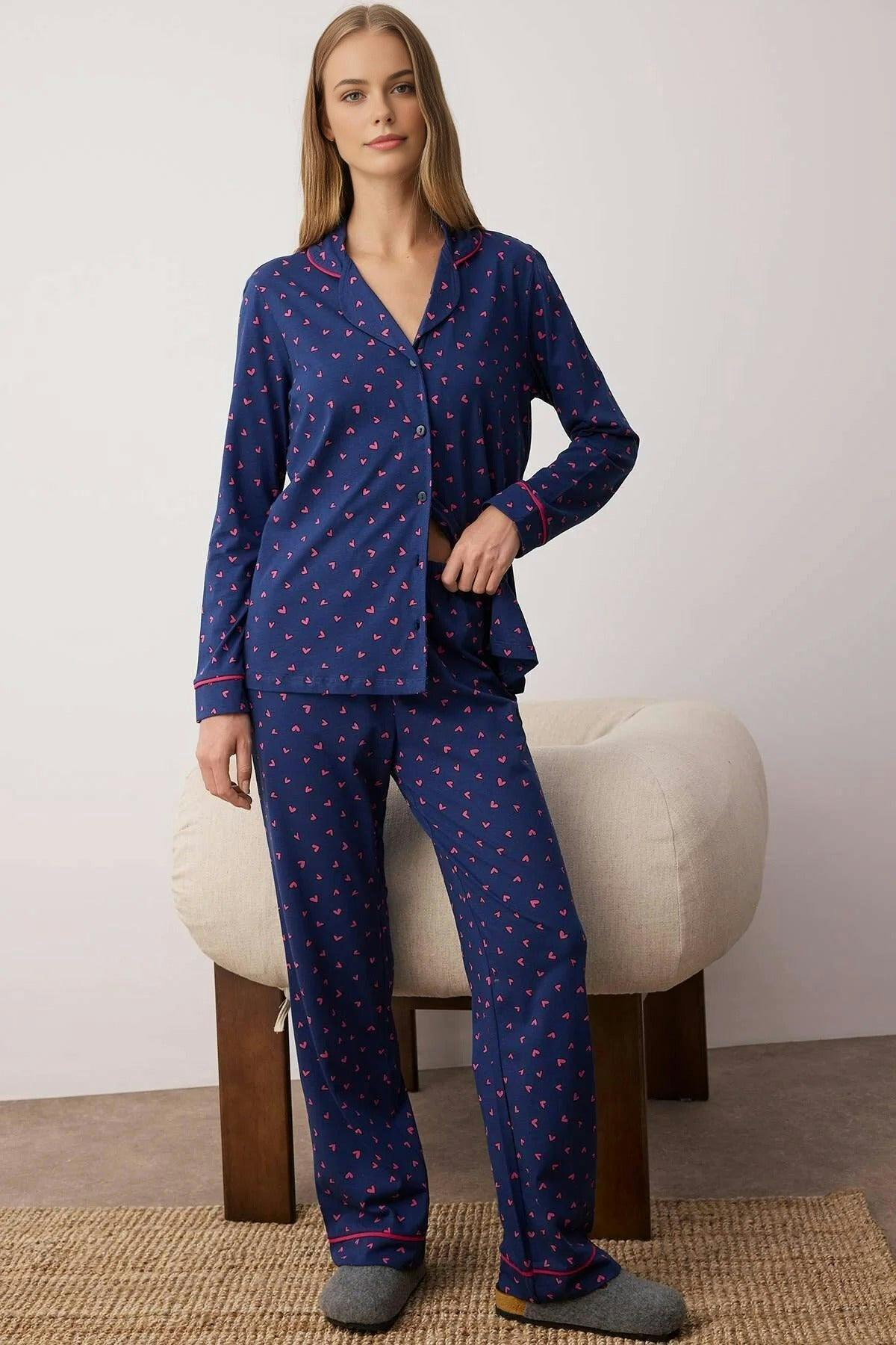 Wovcor 2-Piece Cotton Heart Print Knit Pajama Set - Navy - Xl