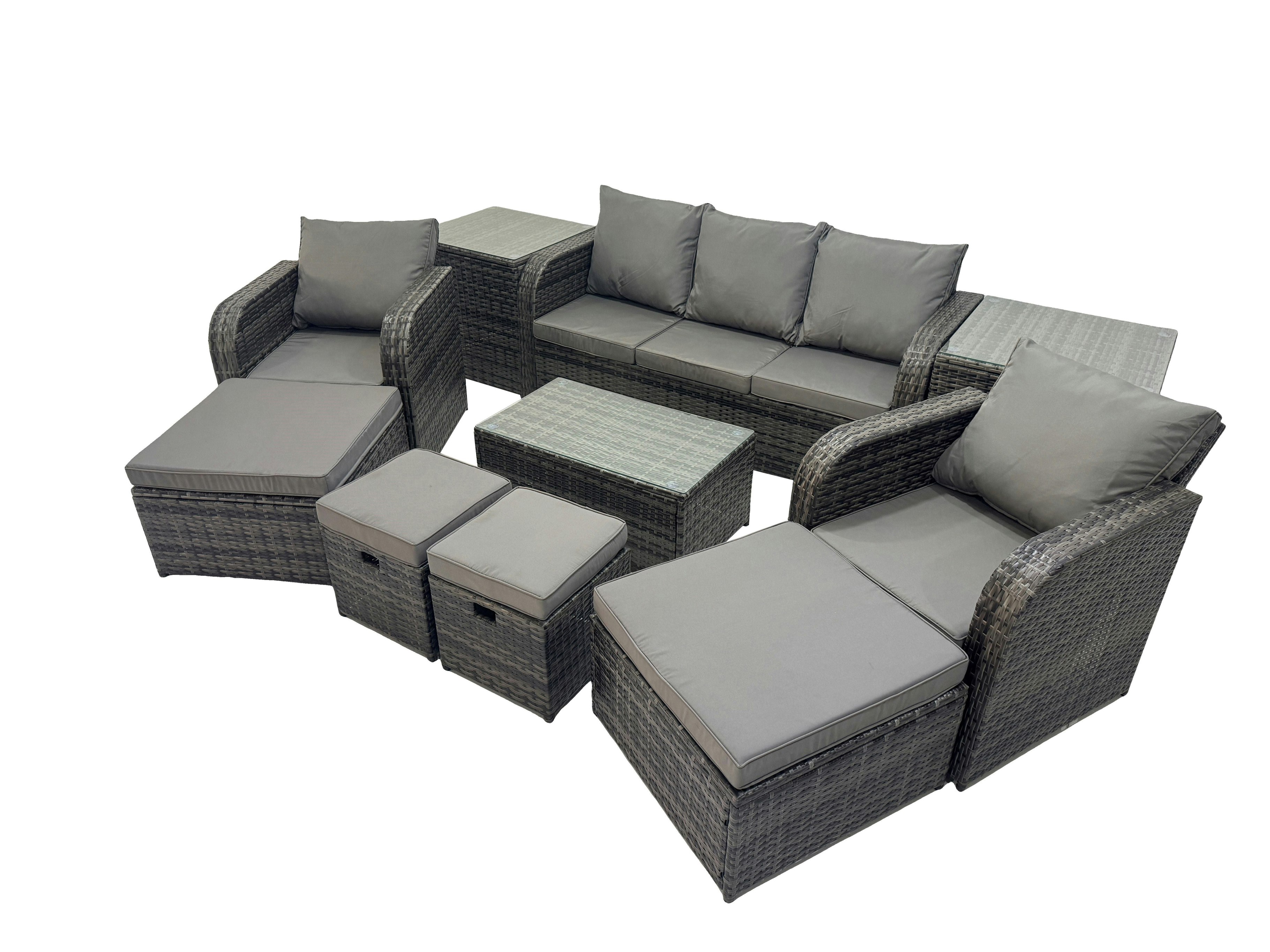Fimous Dark/Grey Outdoor Reclining Chair 3 Seater Sofa Coffee Table Set Garden Rattan Furniture Set 9 Seater With 4 Stools 2 Side Tables
