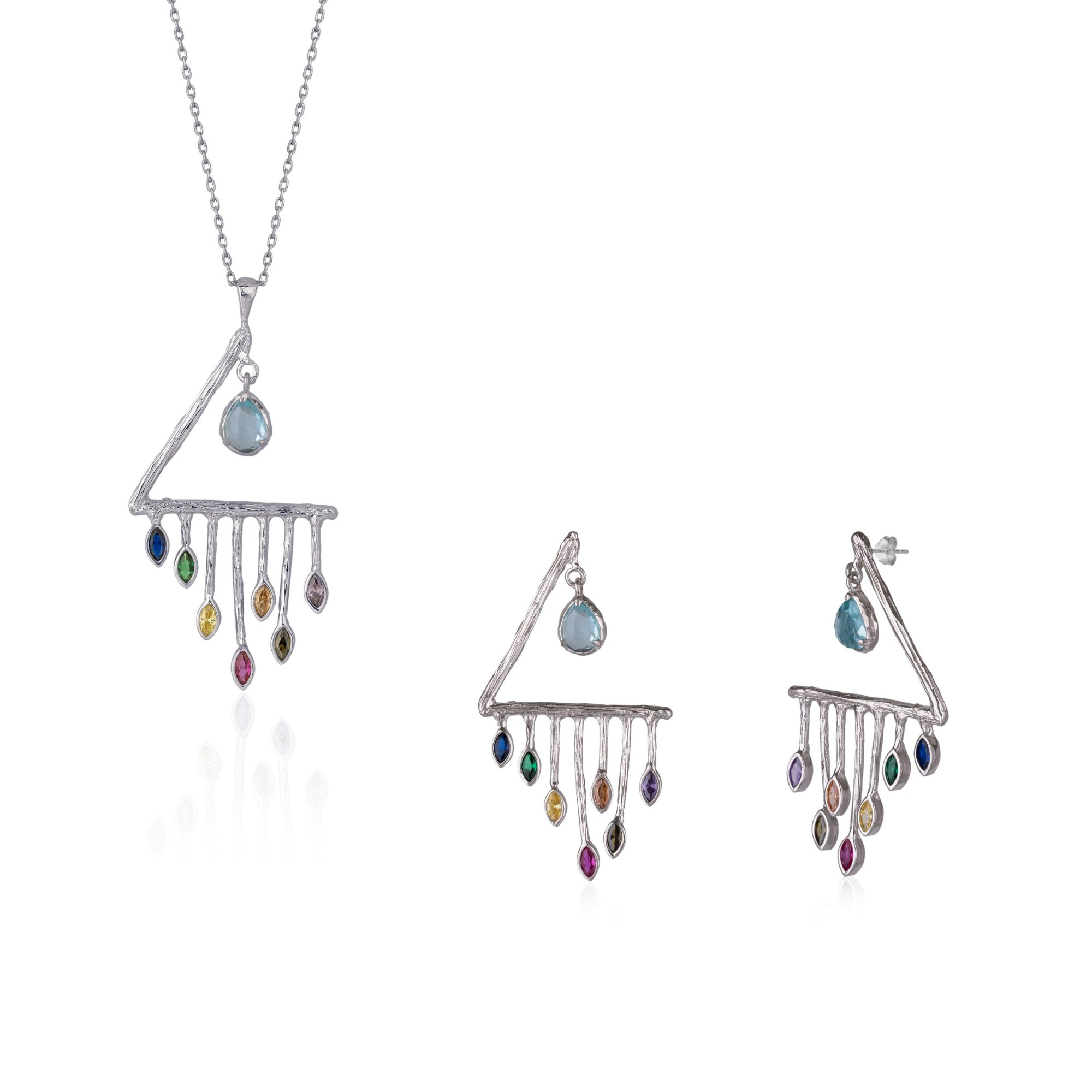 Spero London Silver Colourful Rainbow Rain Drop Earring And Necklace Set In Sterling
