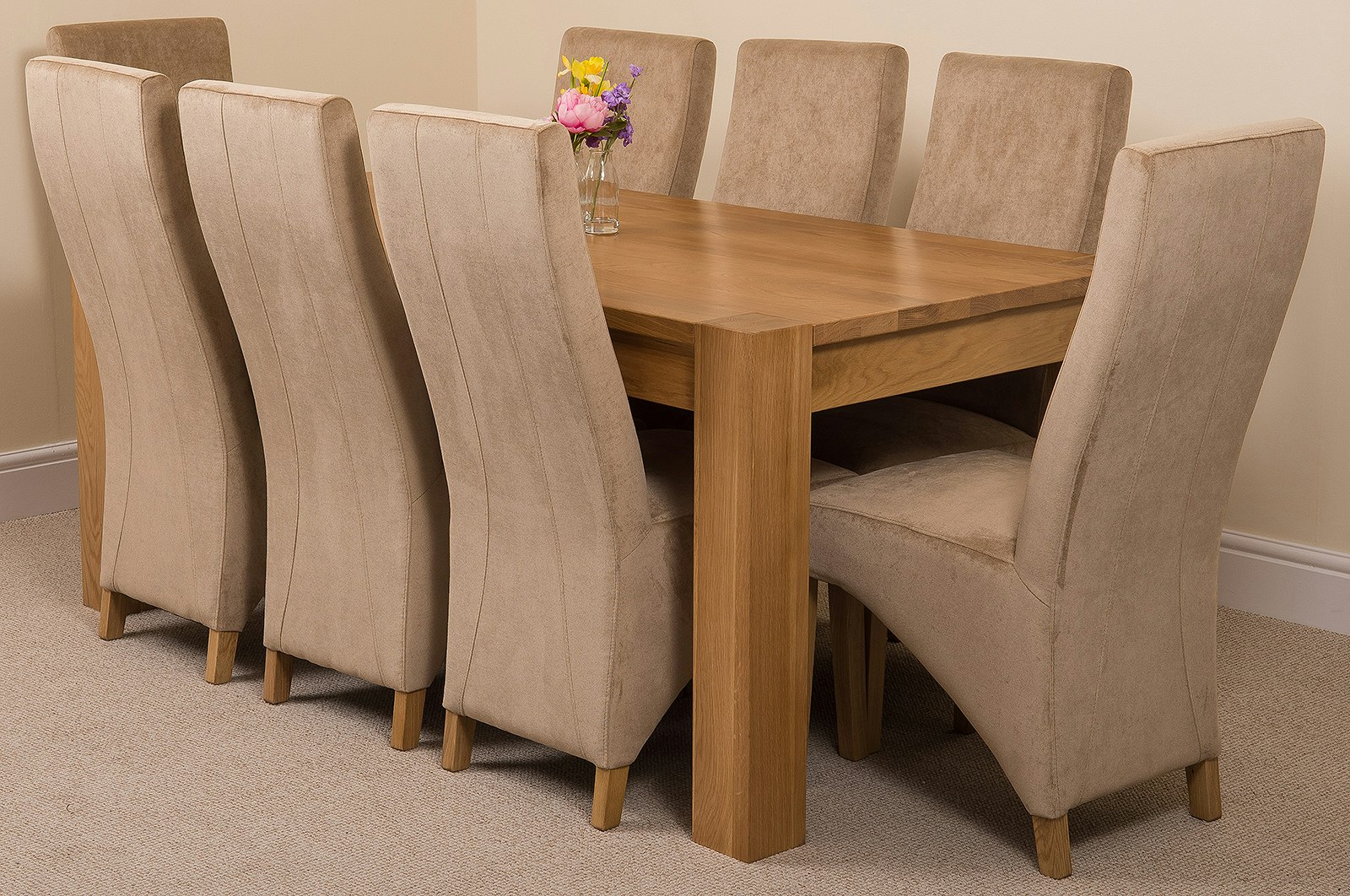 That's Furniture Beige Kuba Large Oak Dining Table With Lola Fabric Chairs - 8 Chairs