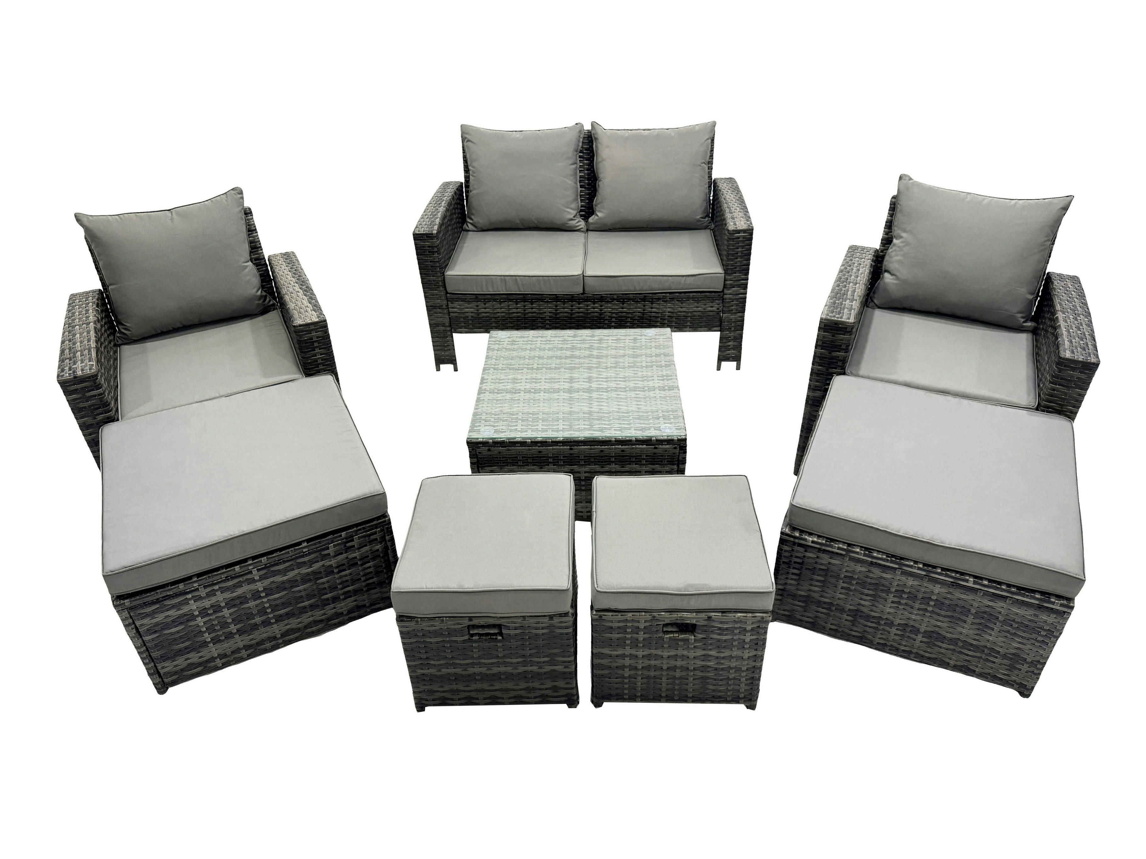 Fimous Dark/Grey Pe Rattan Garden Furniture Set Lounge Sofa Coffee Table Set With 4 Footstool