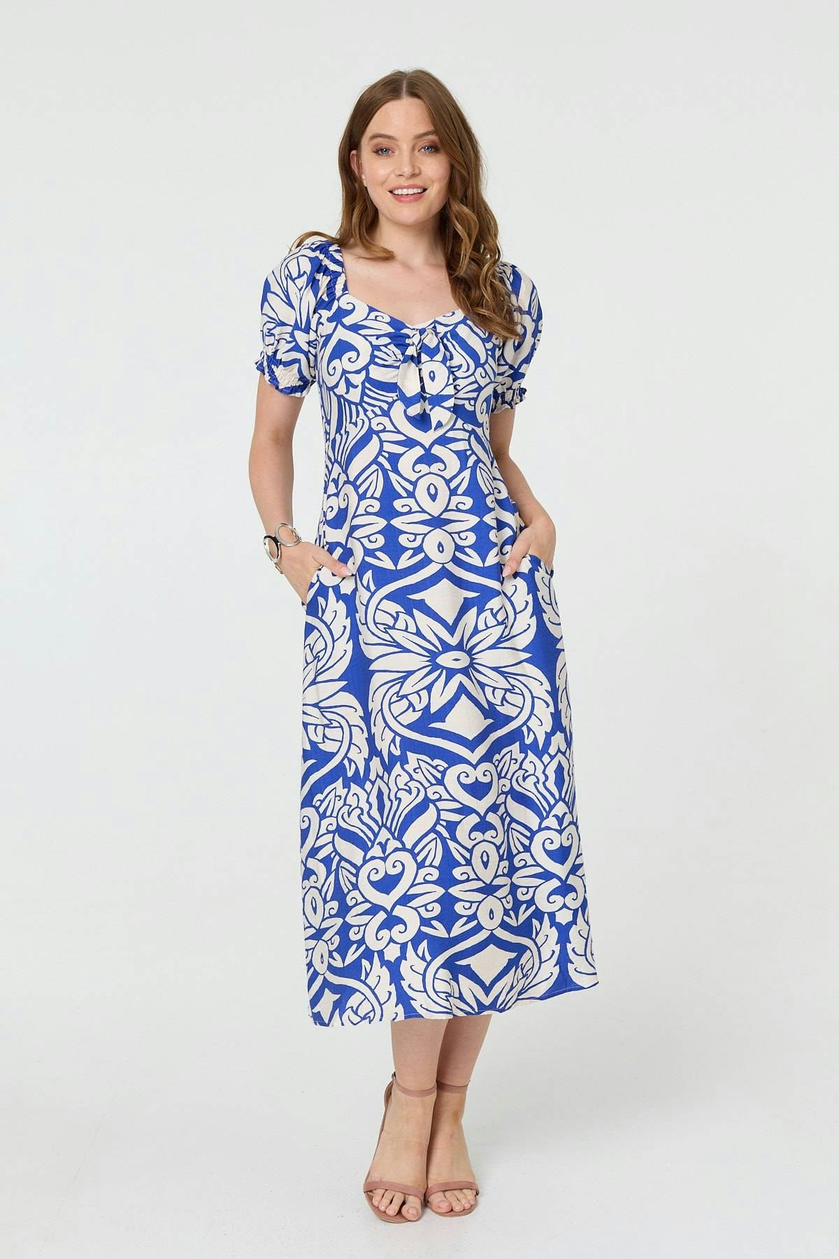 Izabel London Blue Printed Puff Sleeve A-Line Midi Dress - 8