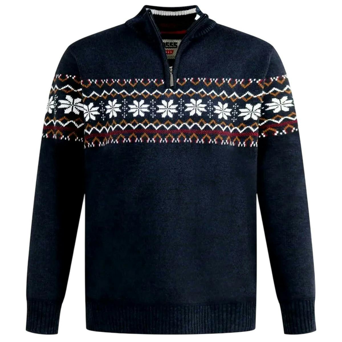 Duke Men's D555 Edinson Fair Isle Quarter Zip Kingsize Sweatshirt - Navy Marl
