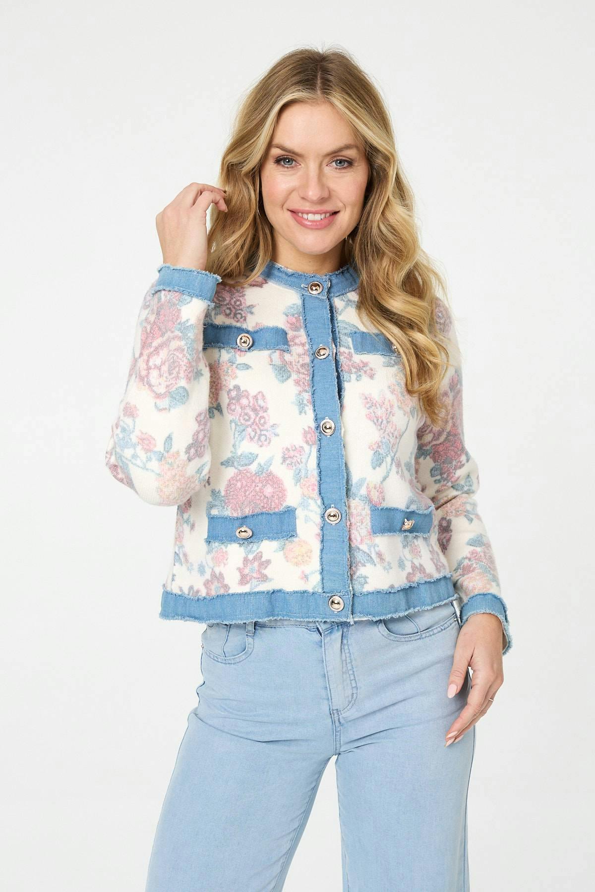 Izabel London White Floral Denim Trim Button Detail Jacket - S/M