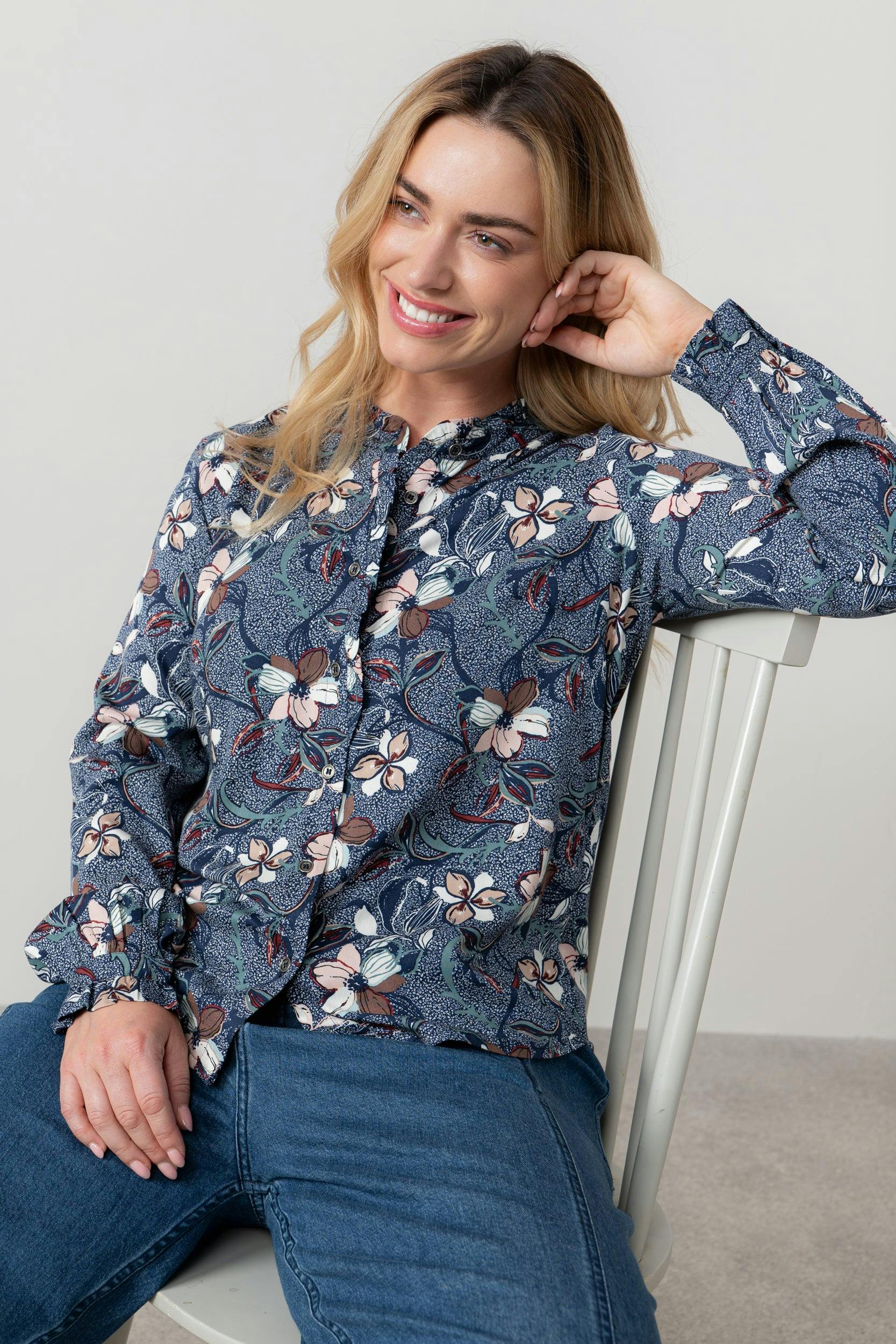 Lily & Me Women's Rachel Frill Printed Blouse Navy - 16 - Navy