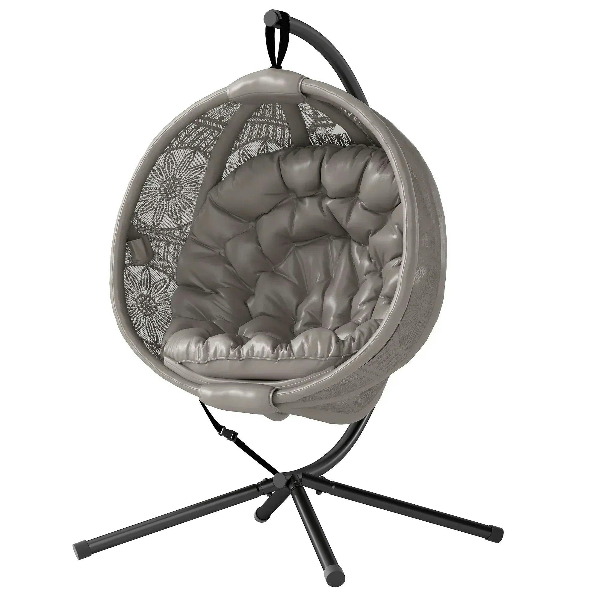 Outsunny Grey/Brown Hanging Swing Chair W/ Metal Stand & Side Pocket, Charcoal - Sand - Image 5