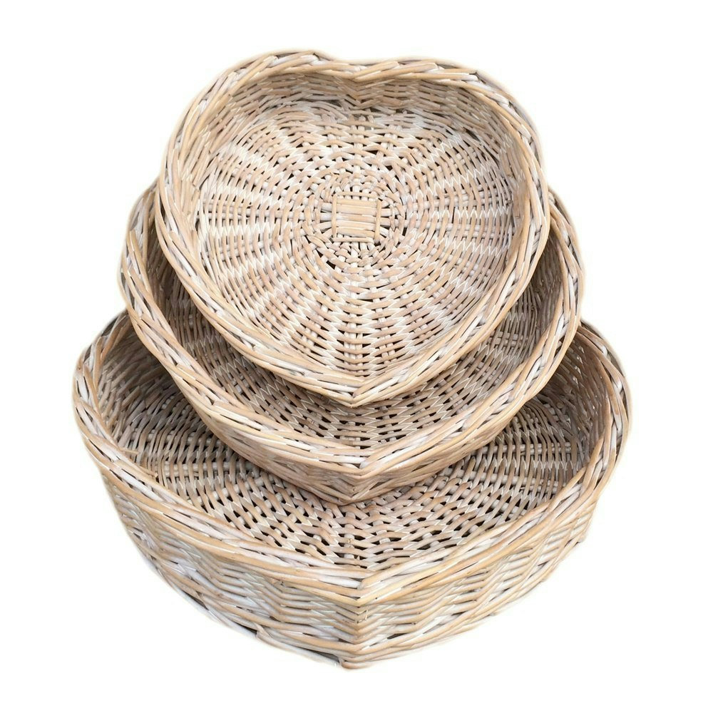 Red Hamper Whitewash Heart Shaped Wicker Tray - Set Of 3