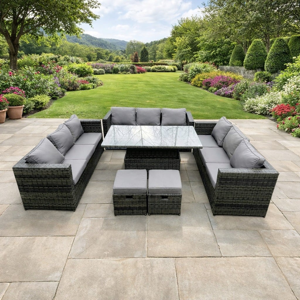 Rackhams Dark/Grey 11 Seater Rattan Garden Furniture Set With U Shape Sofa, Adjustable Table & 2 Footstools