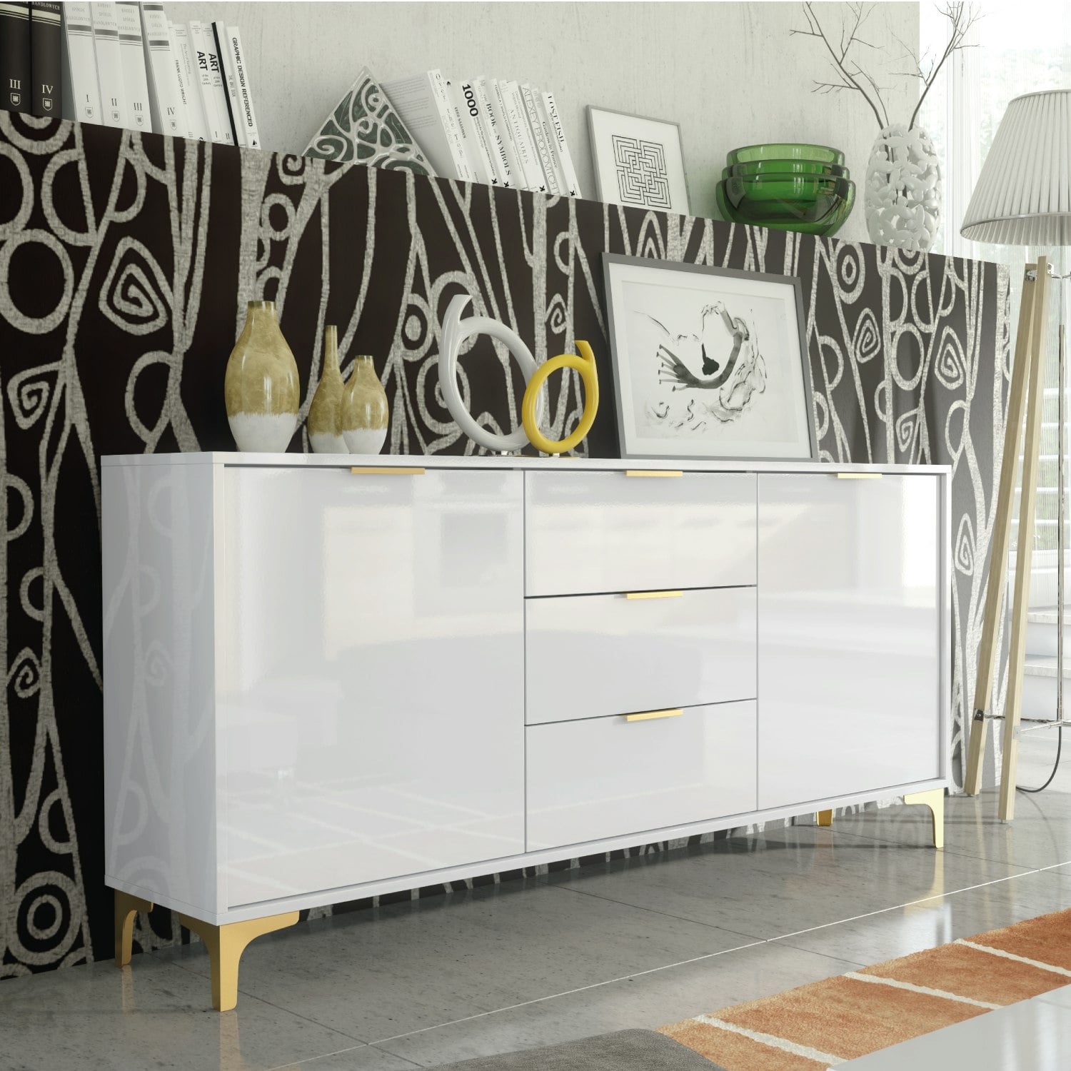 Rackhams White/Gold Luxury 140Cm High Gloss Tv Unit Stand Sideboard With Finish Accents - 140Cm - Matt Body & Gloss Doors - Mdf/Chipboard