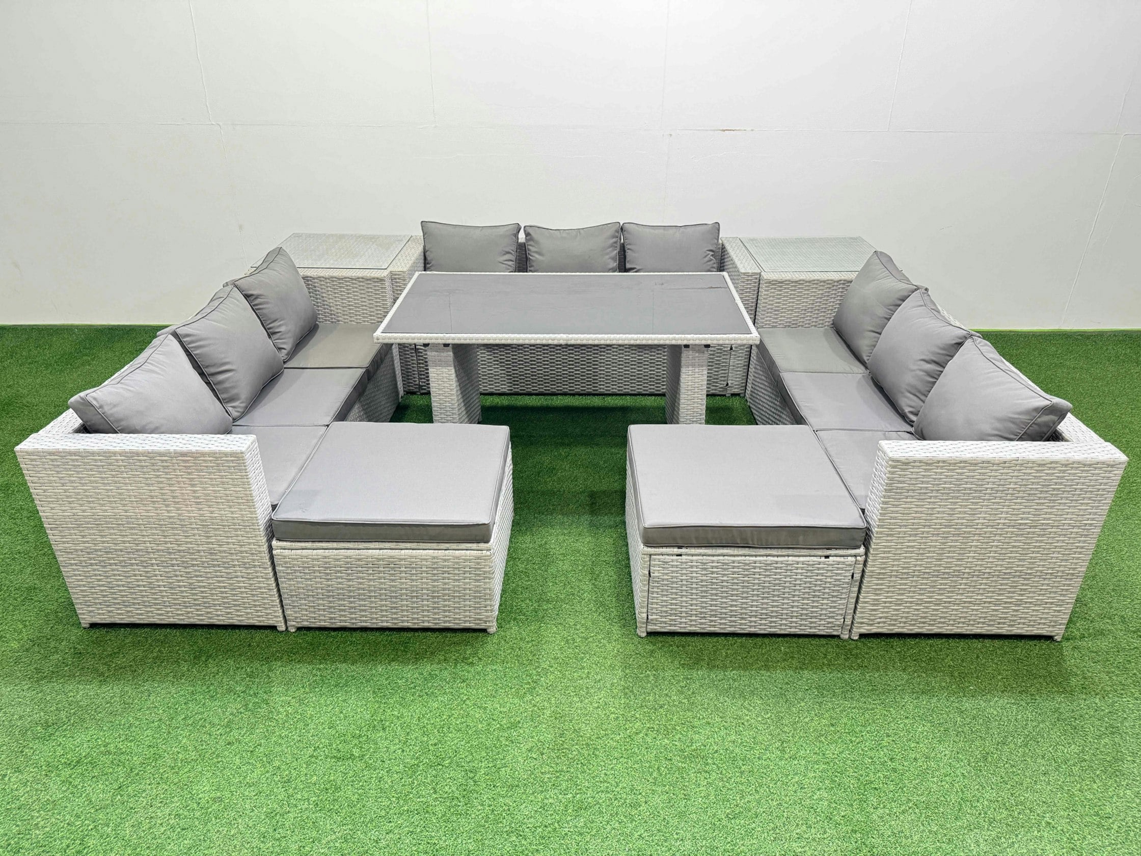 Rackhams Black/Light/Grey Patio Outdoor Garden Furniture Sets With Glass Top Dining Table 3 Seater Sofa 2 Side Tables 2 Big Stool