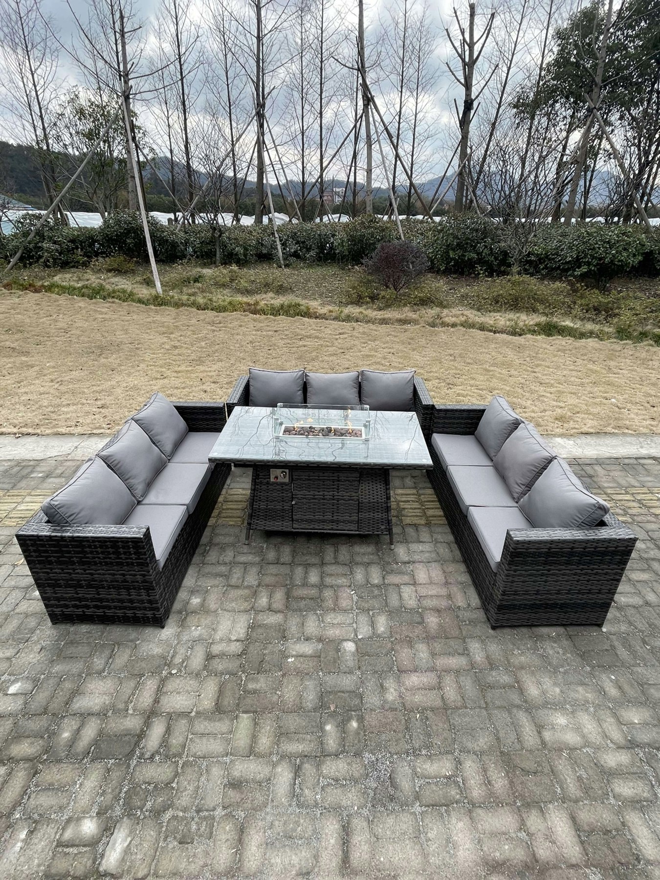 Rackhams Dark/Grey 9 Seater?U Shape Outdoor Lounge Rattan Sofa Set Garden Furniture Gas Fire Pit Set Dining Table Mixed