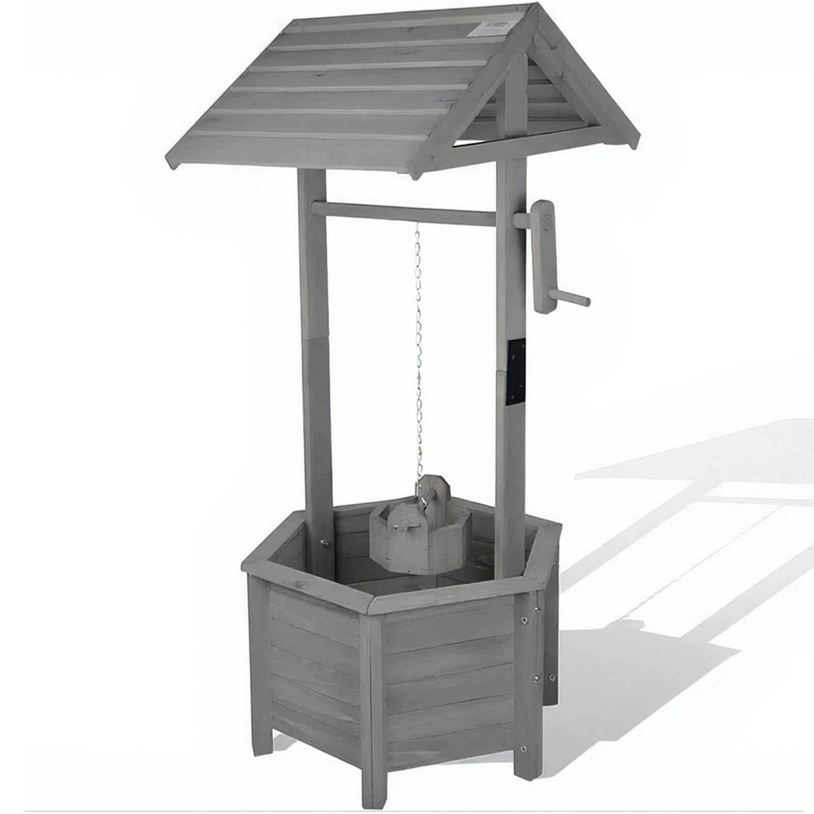 Rackhams Grey Rustic Wooden Wishing Well Planter Bucket Flower Pot Garden Patio Ornament