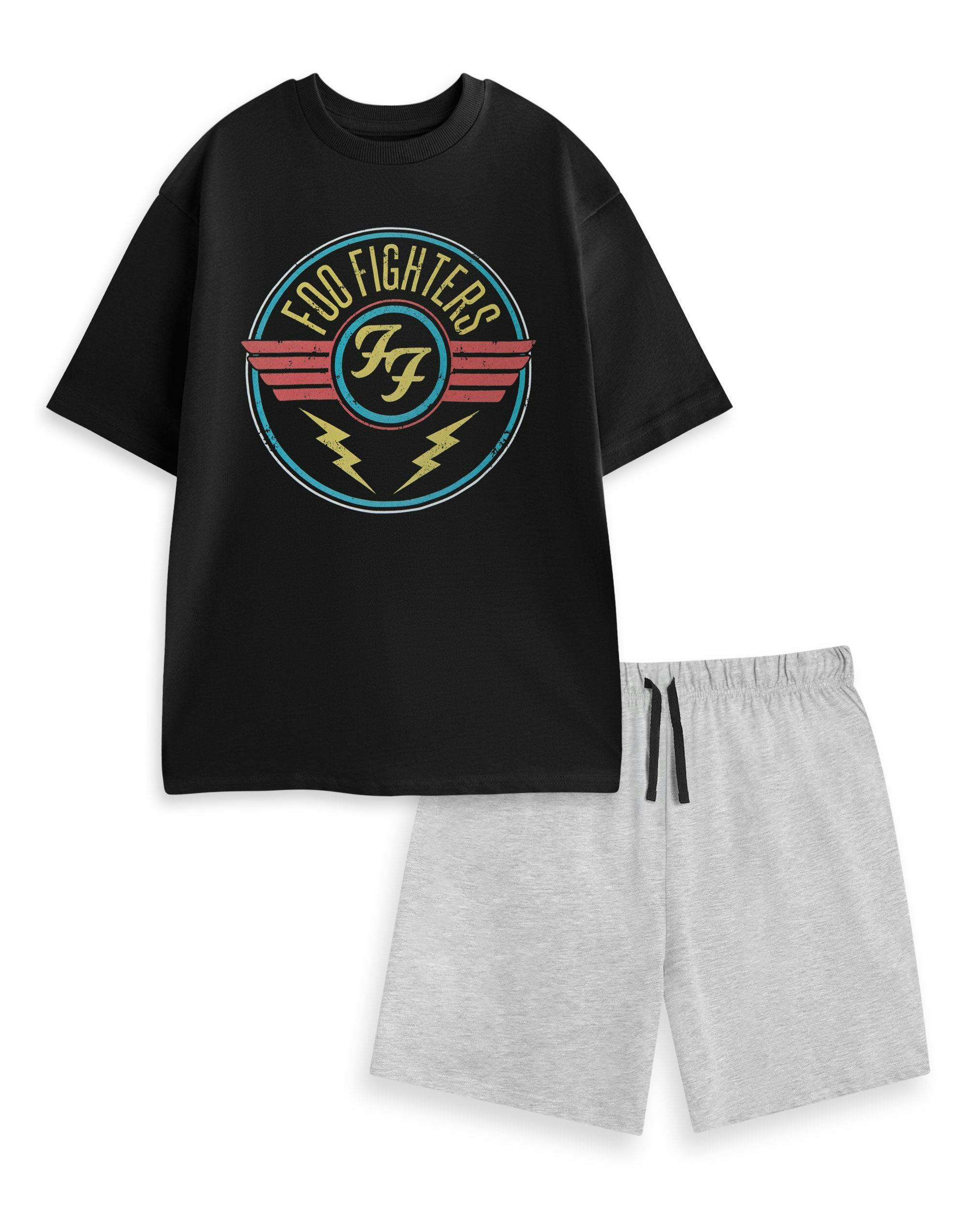 Vanilla Underground Men's Black Foo Fighters Lightning Short Sleeve Short Leg Pyjama Set - Large