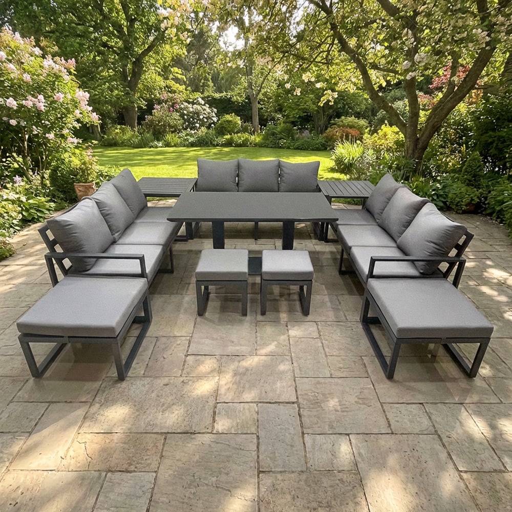 Fimous Dark/Grey 13 Seater Aluminium Garden Furniture Set With Rising Dining Table, 3 Sofas, 2 Side Tables, 4 Footstools