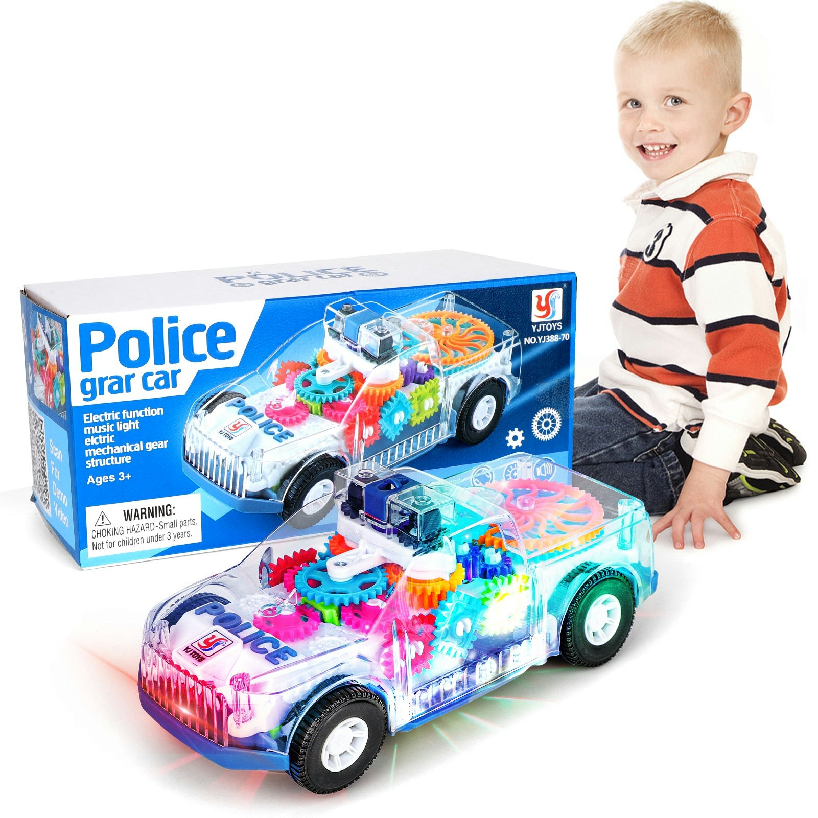 Deao Toys Light Electric Transparent Police Gear Car Toy Rotating Car - Flashing S Siren Sounds, Automatic Obstacle Avoidance