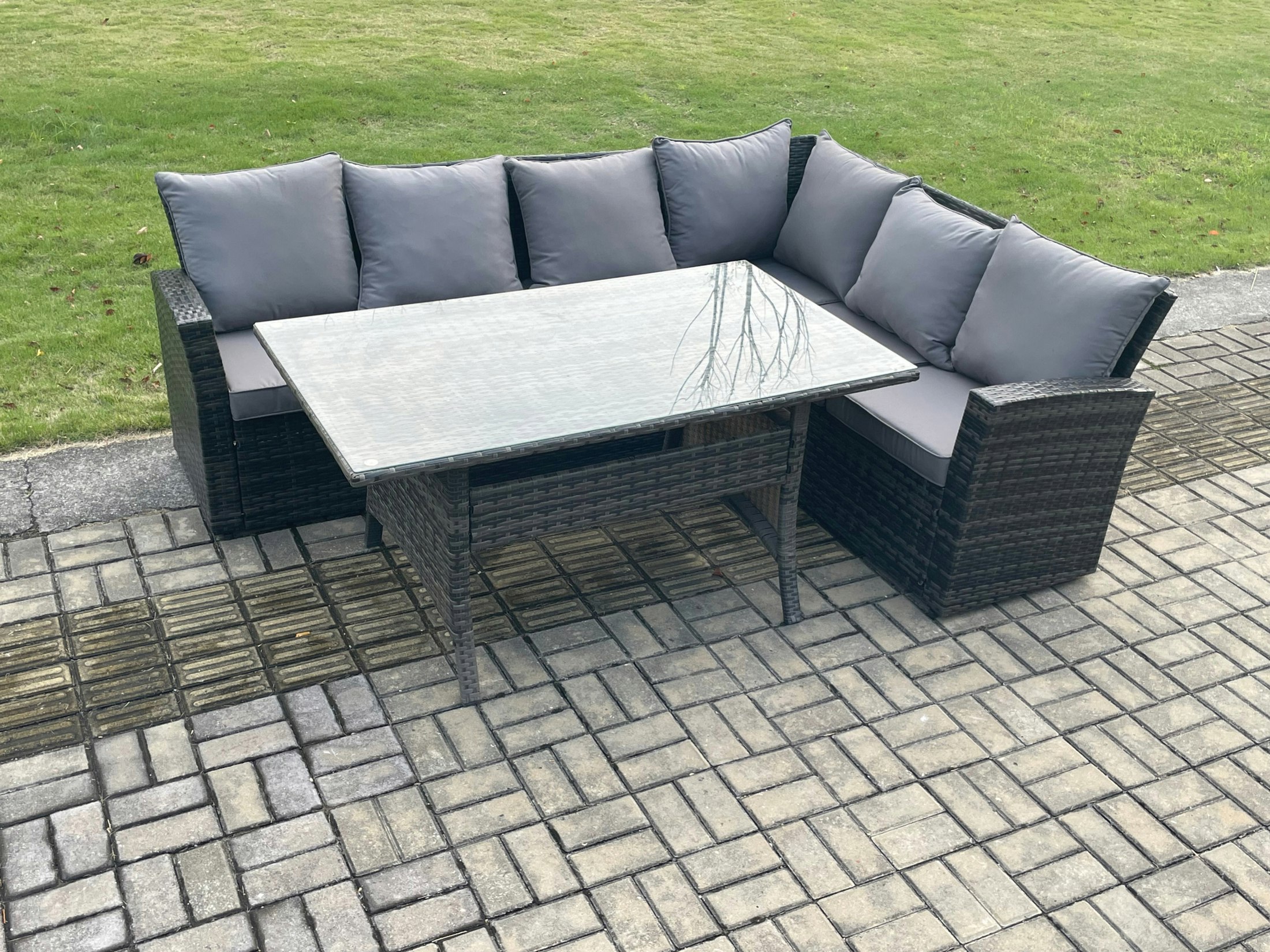 Fimous Dark/Grey 6 Seater Garden Rattan Furniture Corner Sofa Dining Table Set With Temper Glass And Cushions Indoor Outdoor Lounge Sofa Set