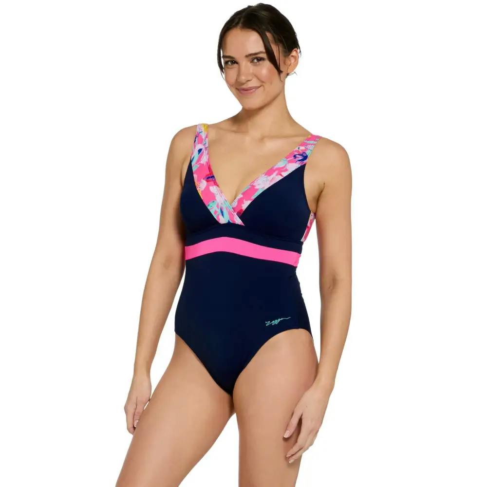 Zoggs Pink Paradiso Squareback Swimsuit - Navy/ - Uk Size 18
