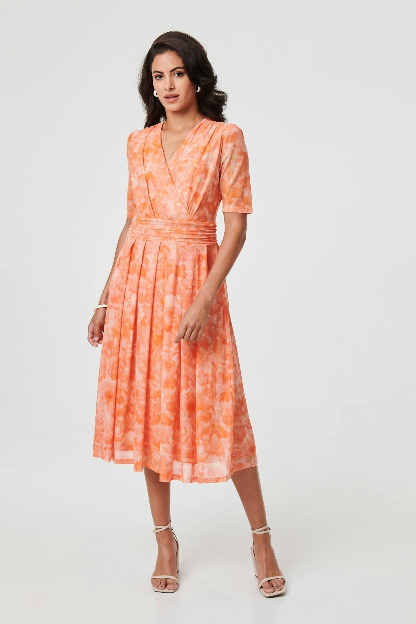 Izabel London Orange Printed 3/4 Sleeve Ruched Midi Dress - 12