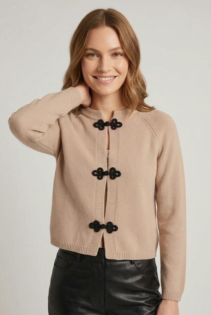 Izabel London Beige Mandarin Button Front Cardigan - 14