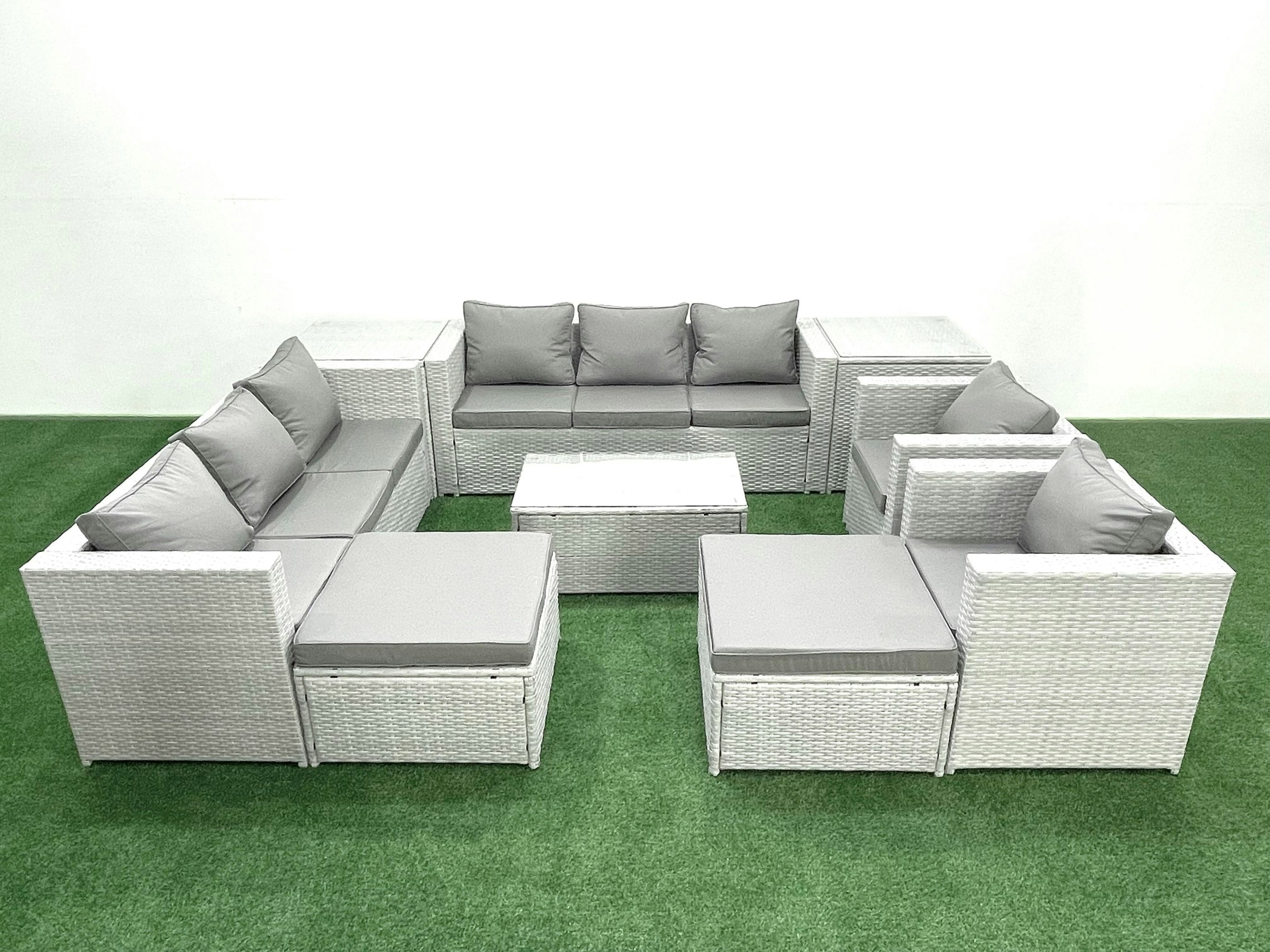 Fimous Light/Grey Outdoor Rattan Sofa Garden Furniture Set With 2 Armchairs Oblong Coffee Table 2 Big Footstools 2 Side Tables Mixed