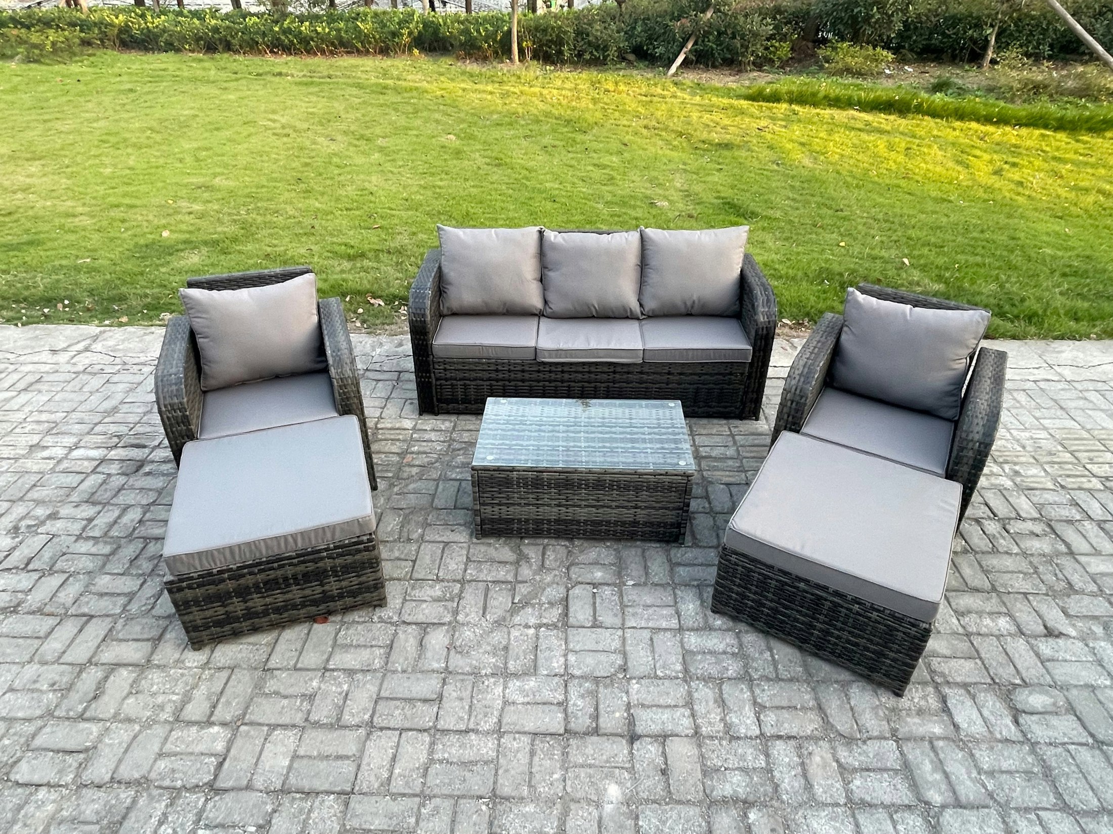 Fimous Dark/Grey Wicker Pe Rattan Garden Furniture Set 7 Seater Outdoor Lounge Sofa Set With Coffee Table 2 Big Footstool Mixed