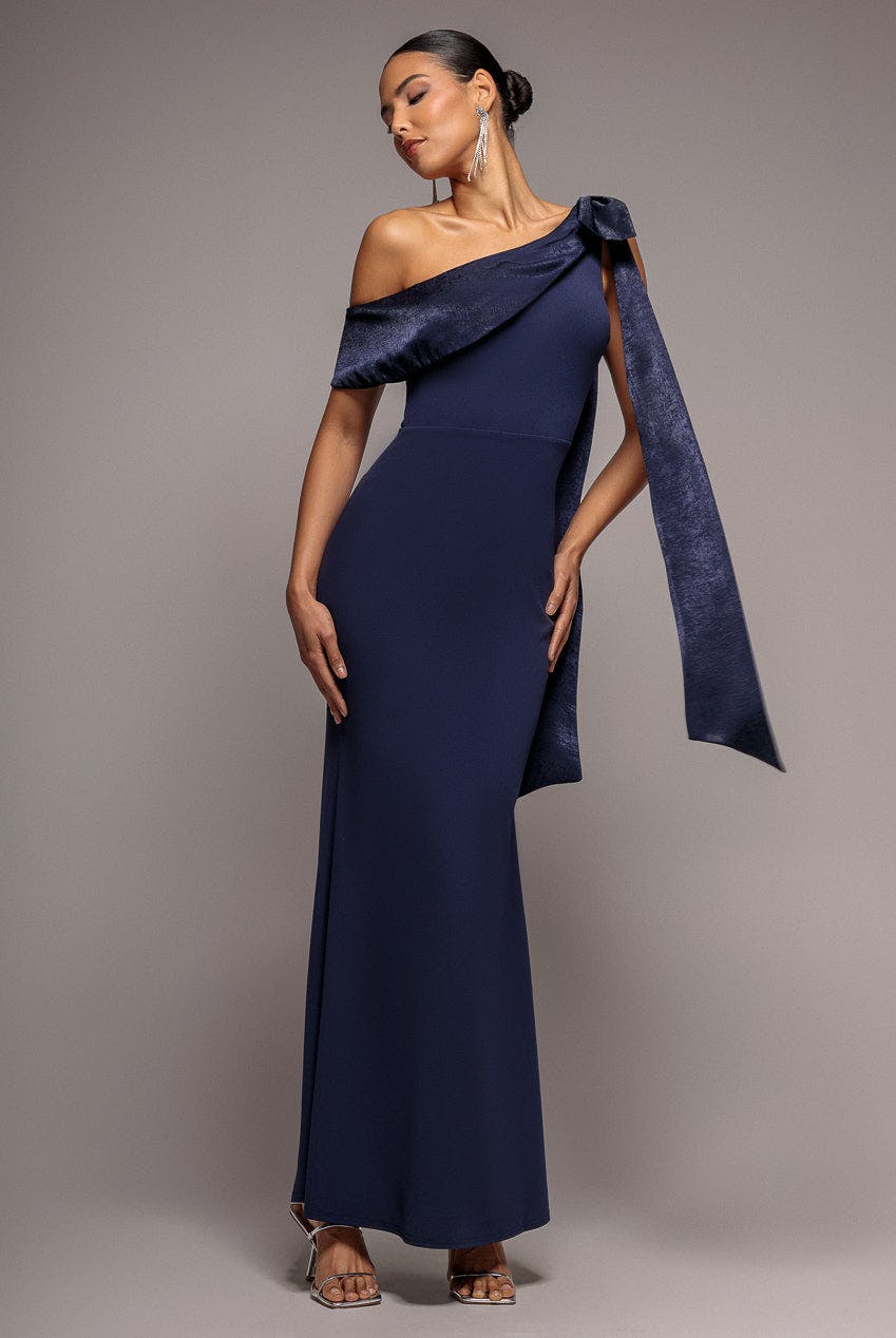 Goddiva Blue One Shoulder Velvet Satin Bow Cape Maxi Dress - Navy By - Navy - 16