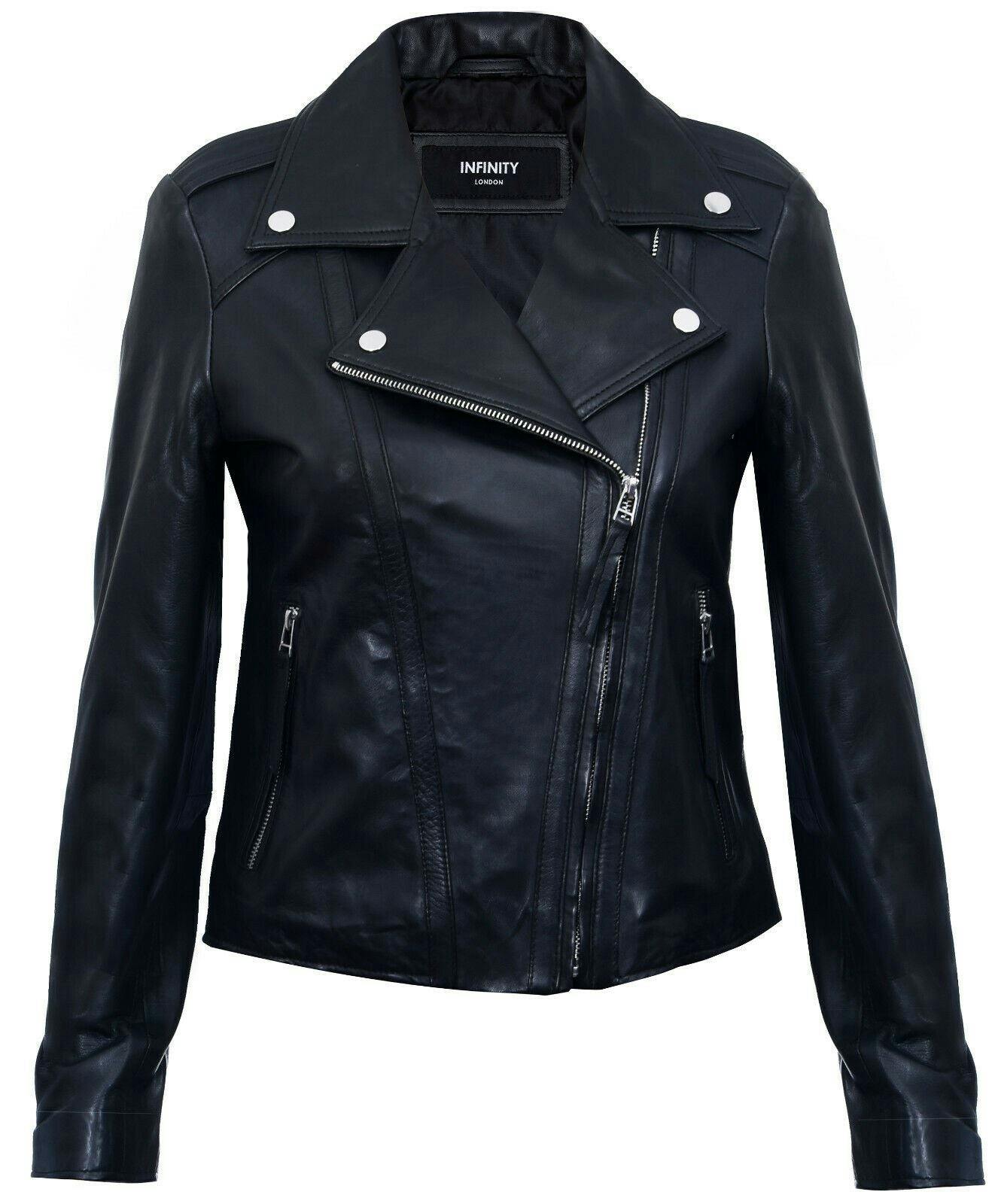 Infinity Leather Women's Black Leather Biker Jacket-Tamale - Uk M/12 | Eu 38 | Us 8
