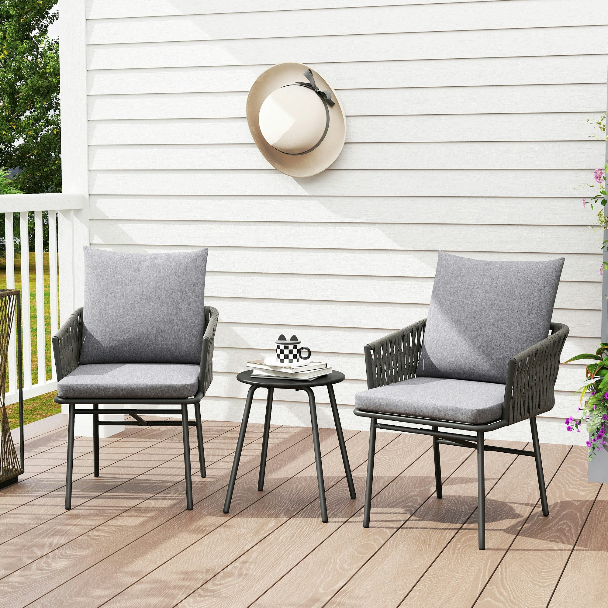 Rackhams Grey Rattan Bistro Set, Balcony Table And Chairs With 4 Cushions - Steel, Polyester, Pe Rattan, Sponge