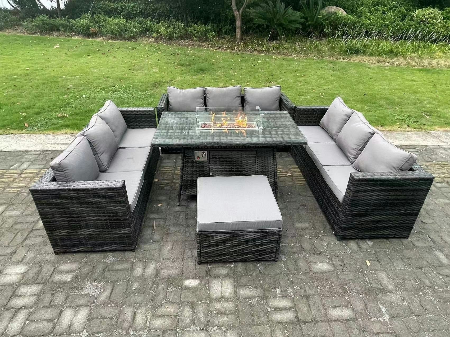 Rackhams Dark/Grey Rattan Garden Furniture Sofa Set Outdoor Patio Gas Fire Pit Dining Table Gas Heater Burner With Big Footstool Seater Mixed Size 10