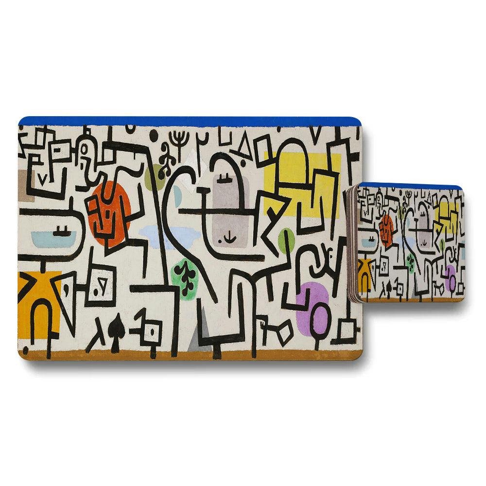 Benjamin Tate Design Black/Blue Abstract Doodle Placemats And Coaster Set Colorful Modern Table Decor
