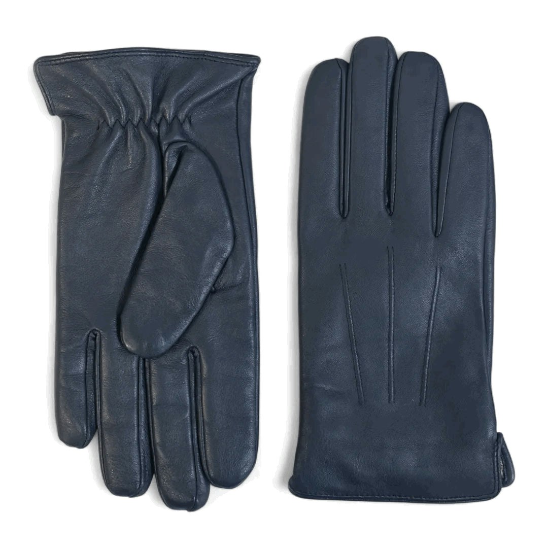 Infinity Leather Men's Leather Wool Lined Elastic Wrist Gloves - Navy - Small