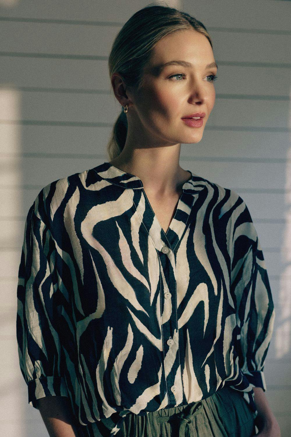 Izabel London Black Zebra Print 3/4 Sleeve Collarless Shirt - 16