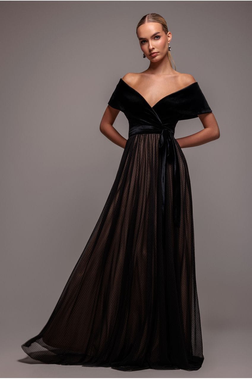 Goddiva Black Velvet Bardot Dobby Mesh A Line Maxi Dress - By - 8