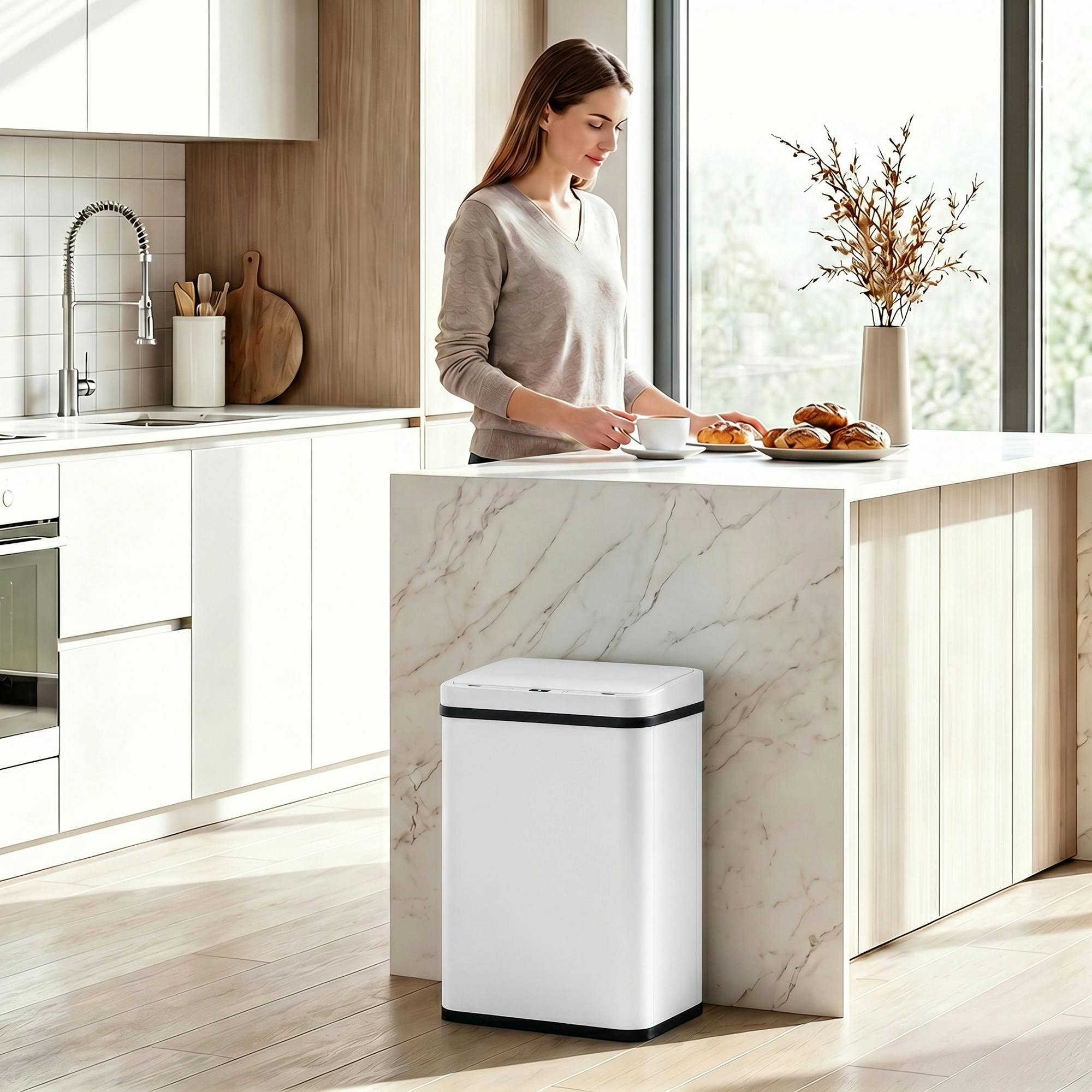Rackhams White Kitchen Bin With Fast Motion Sensor, Stainless Steel Sensor Bin - 40L