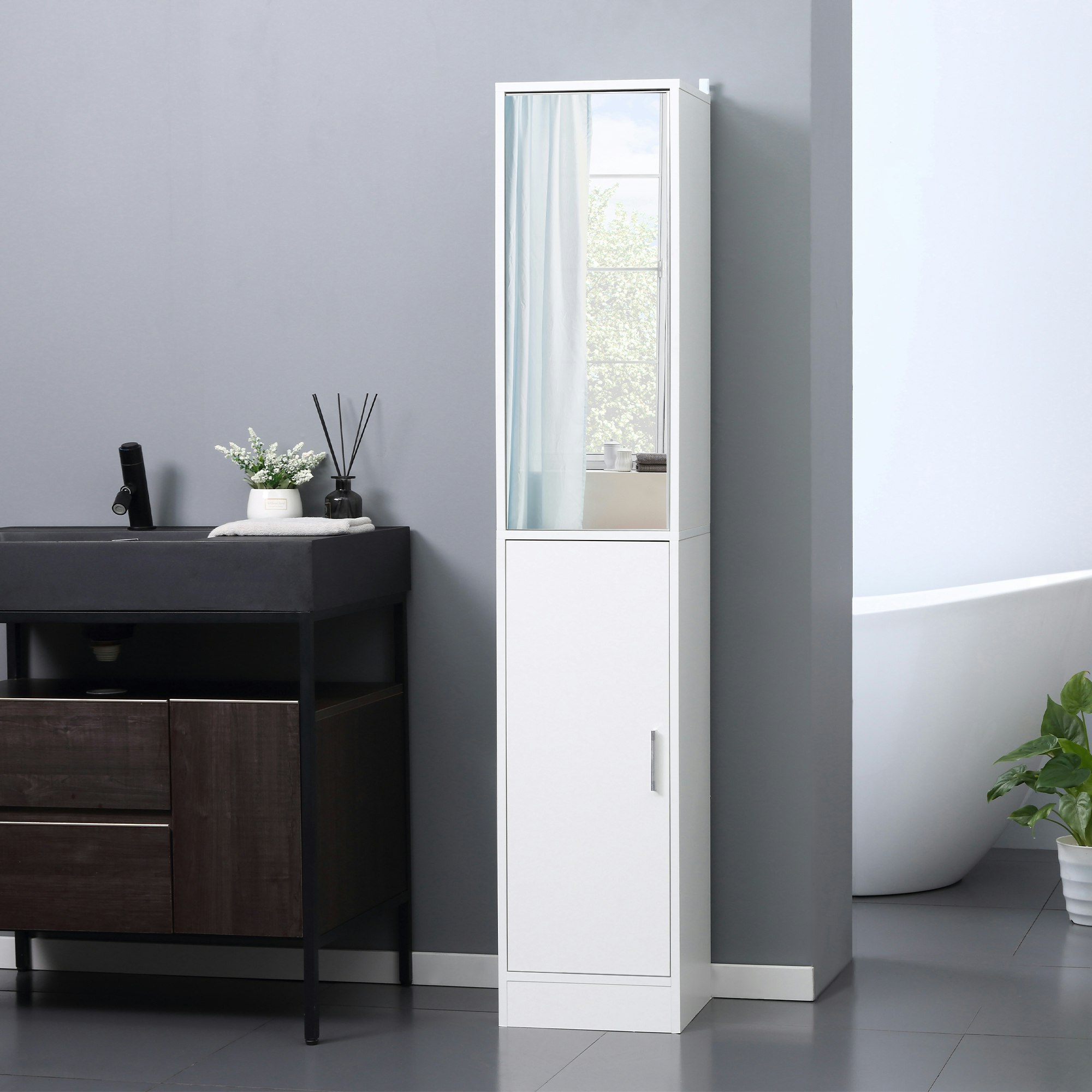 Rackhams White Tall Mirrored Bathroom Cabinet Tallboy Unit W/Adjustable Shelf