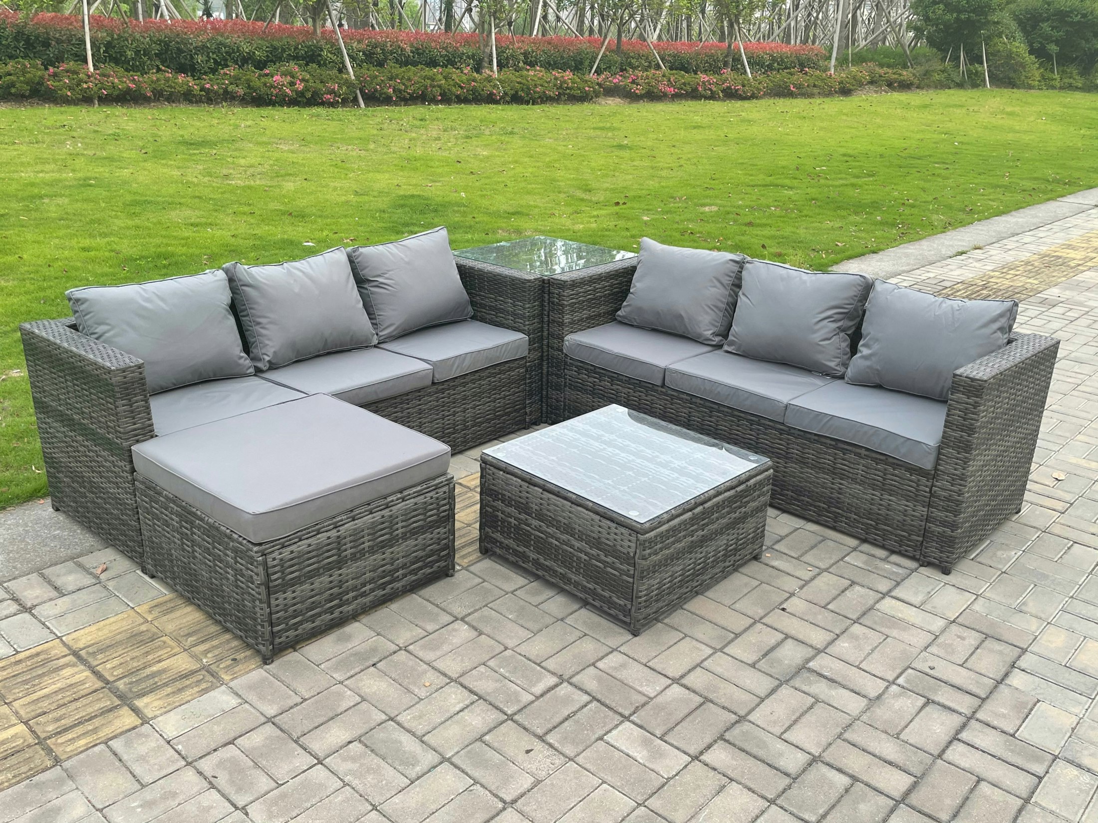 Rackhams Dark/Grey 7 Seater Mixed Rattan Corner Sofa Outdoor Garden Furniture With 2 Coffee Table Footstool