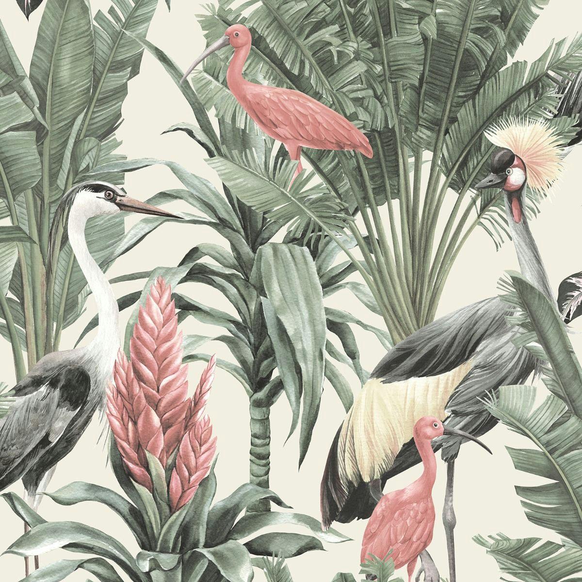 Rackhams Cream/Green Manu Tropical Wallpaper - 10M X 53Cm - 100% Mixed
