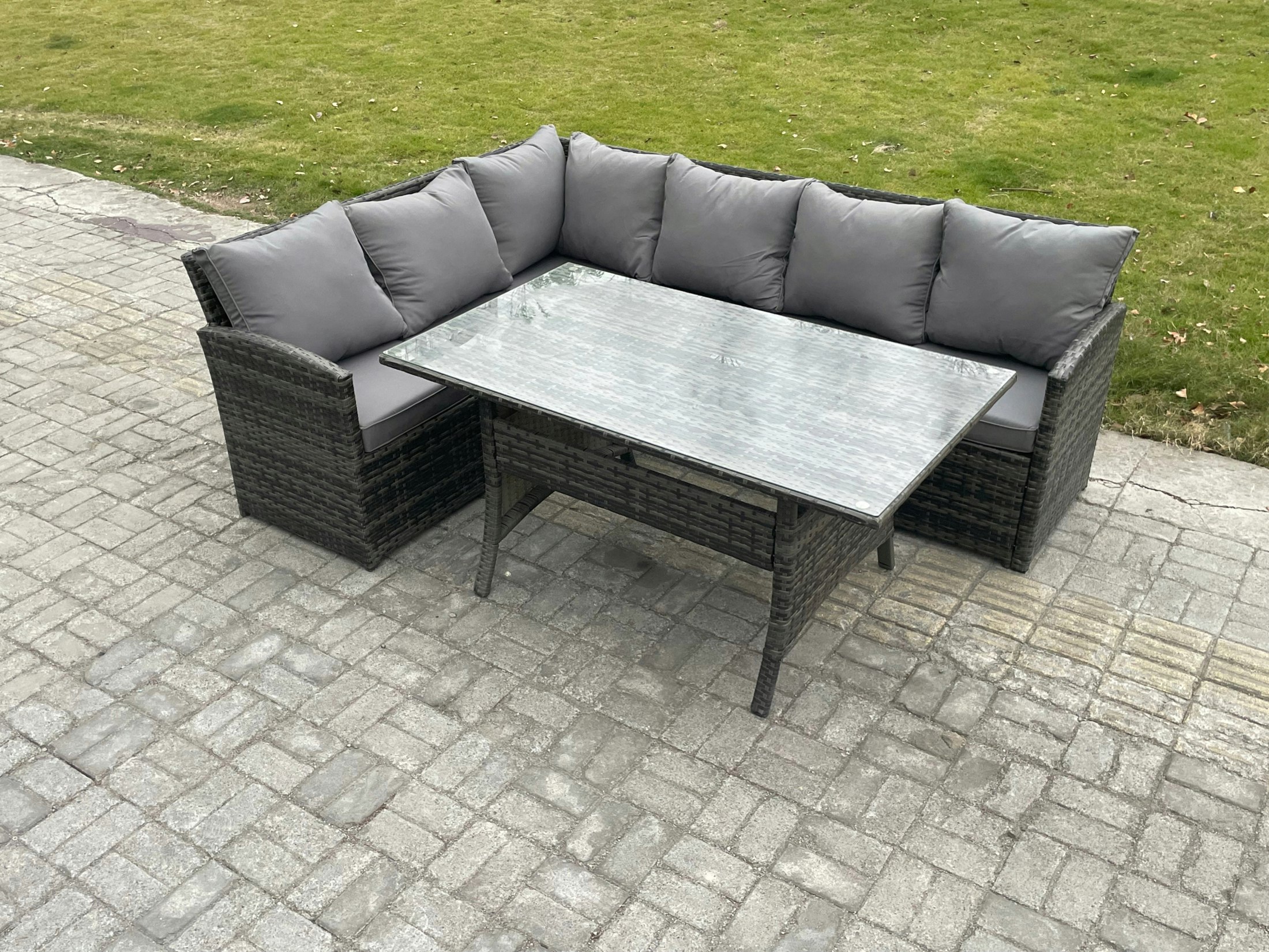 Fimous Dark/Grey Outdoor Rattan Garden Furniture Corner Sofa Set With Rectangular Dining Table Patio Wicker Rattan Set Mixed
