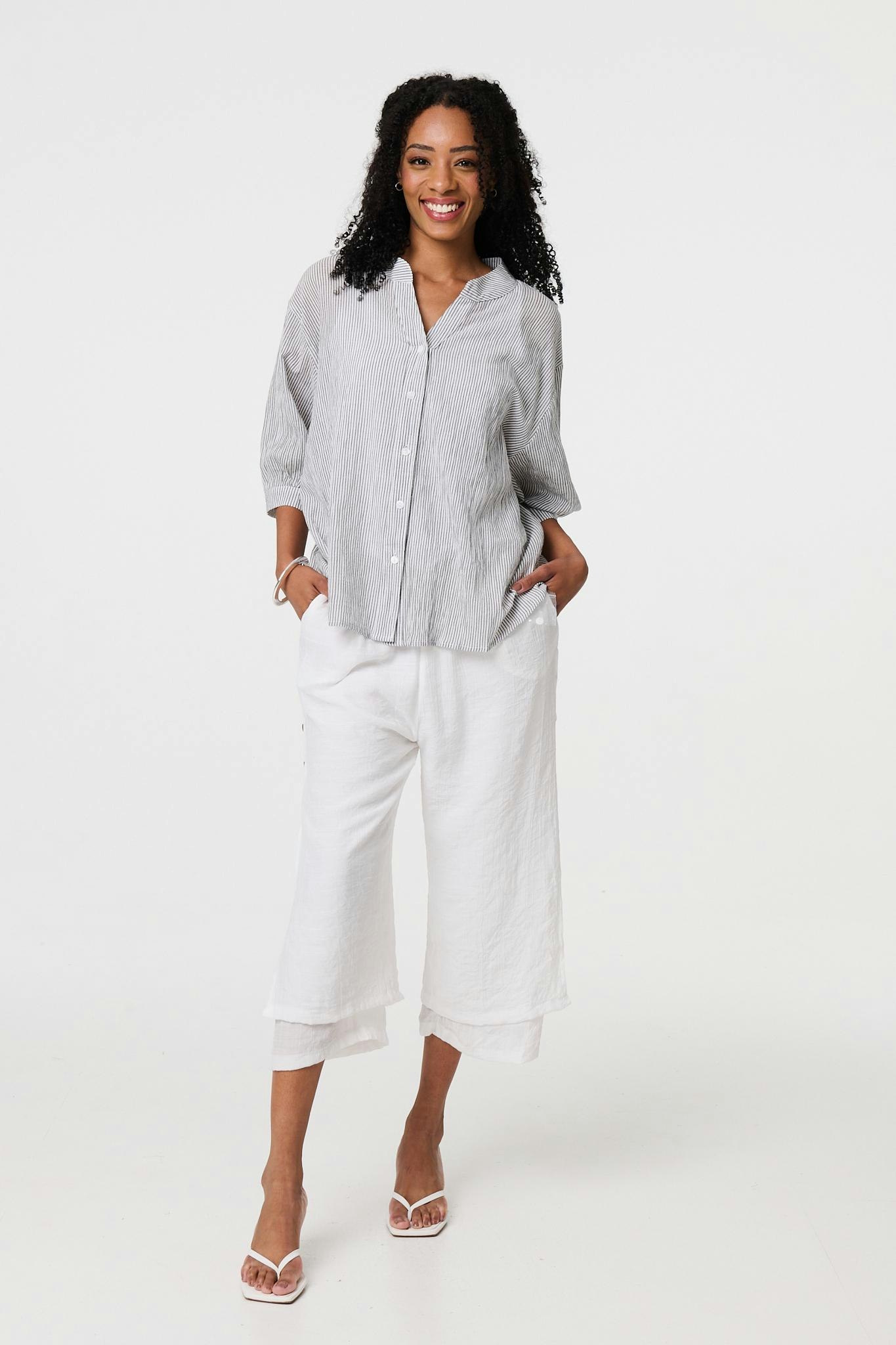 Izabel London White Pinstripe Relaxed Button Back Blouse - 18